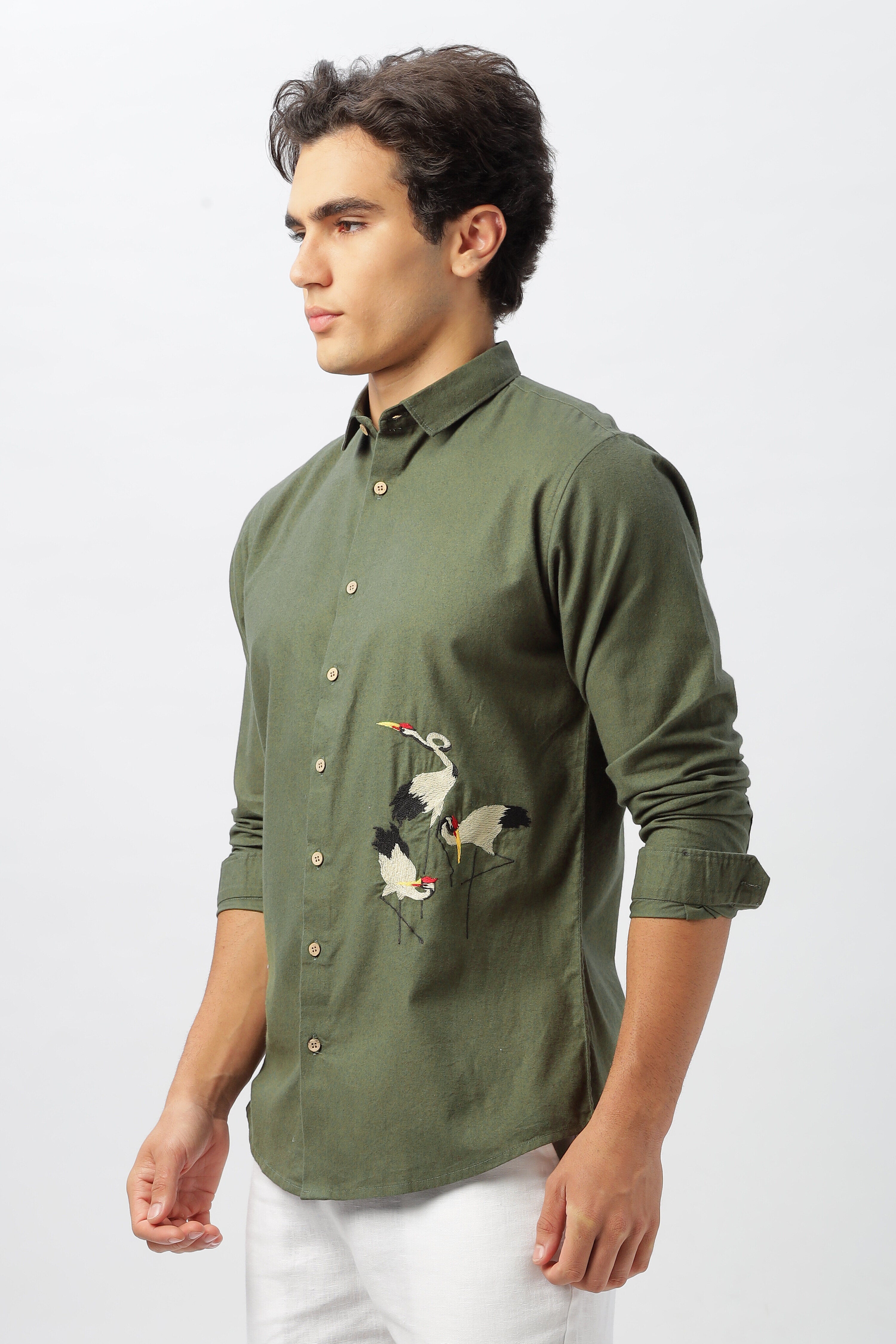 Istanbul Green Crane Embroidery Shirt