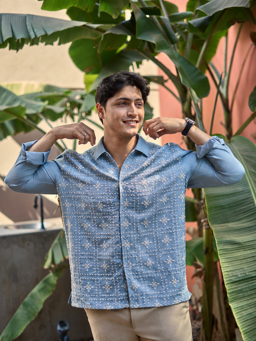 River Blue All Over Cotton Regular Fit Blue Embroidered Shirt