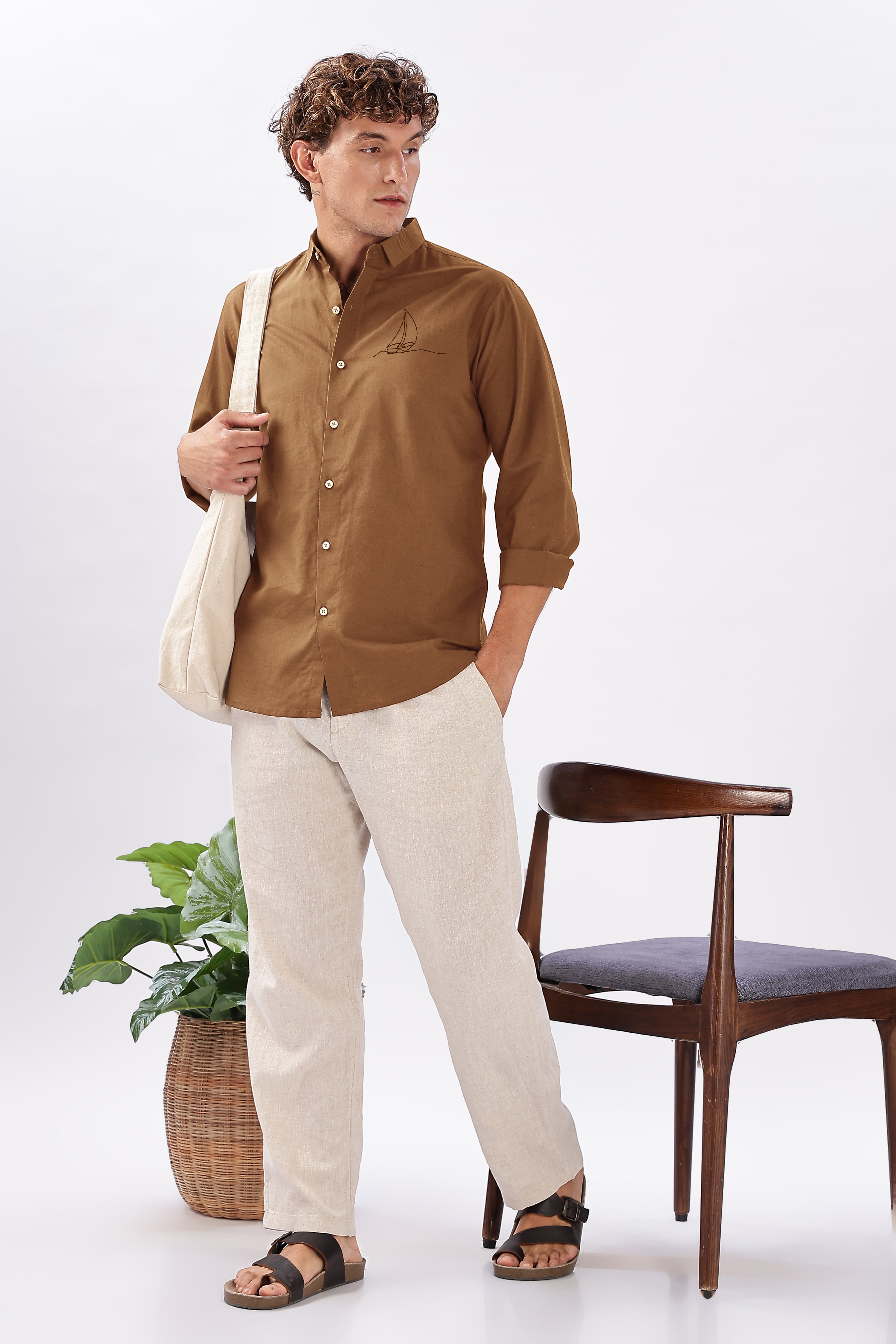 Harbor Drift Cotton Regular Fit Brown Embroidered Shirt