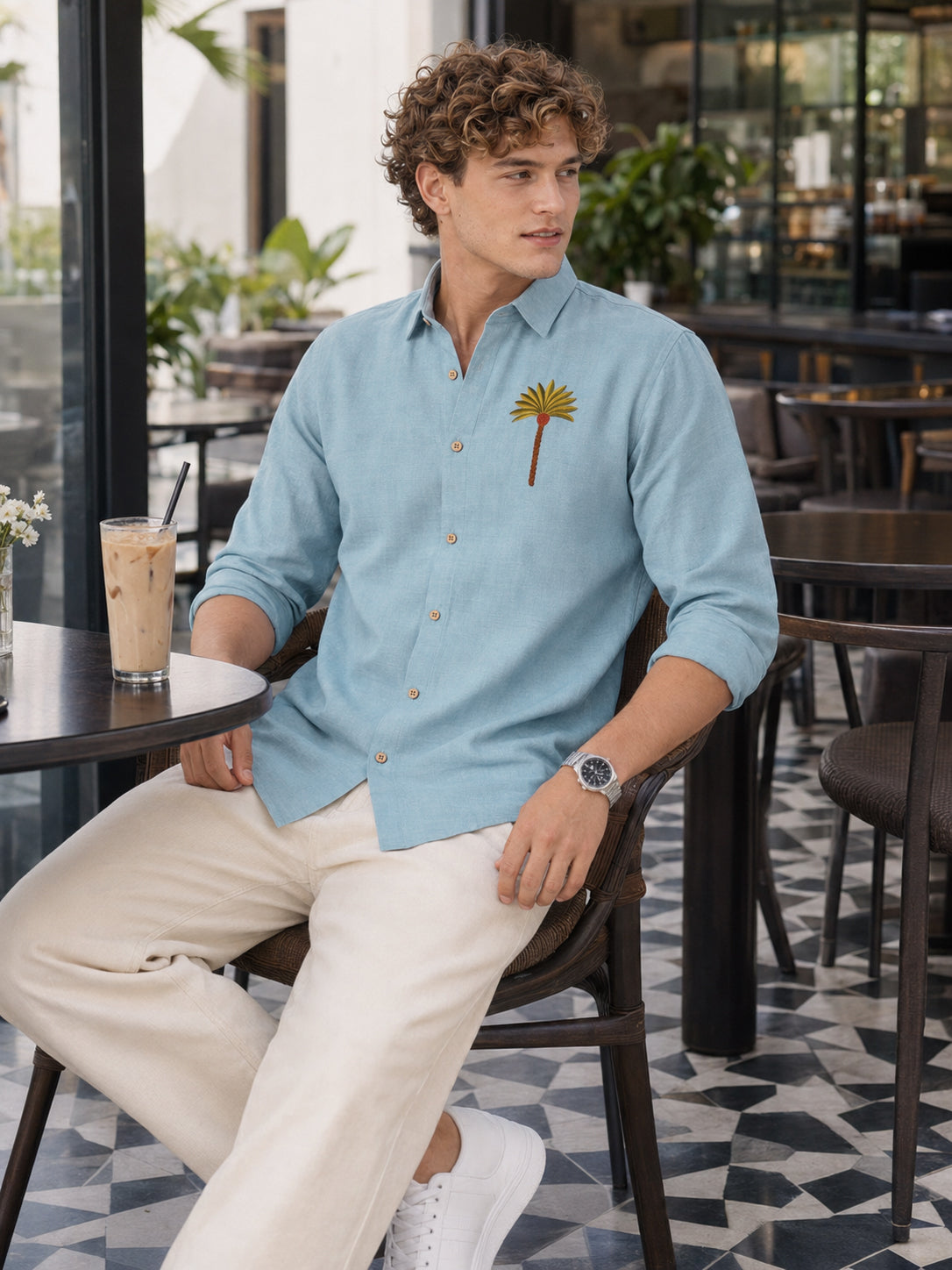 Palm Cove Breeze Cotton Regular Fit Blue Embroidered Shirt