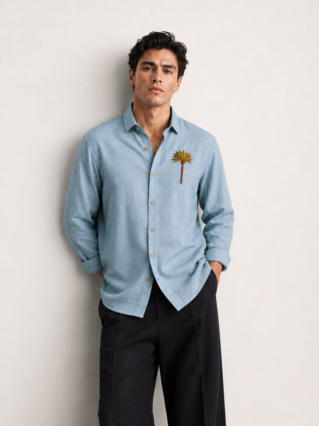 Palm Cove Breeze Cotton Regular Fit Blue Embroidered Shirt