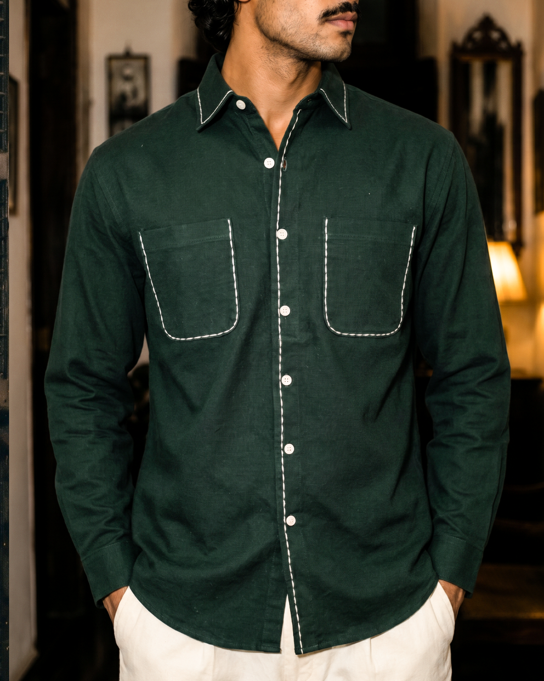 Evergreen Cotton– Spread Collar And Bouble Pocket Shirt