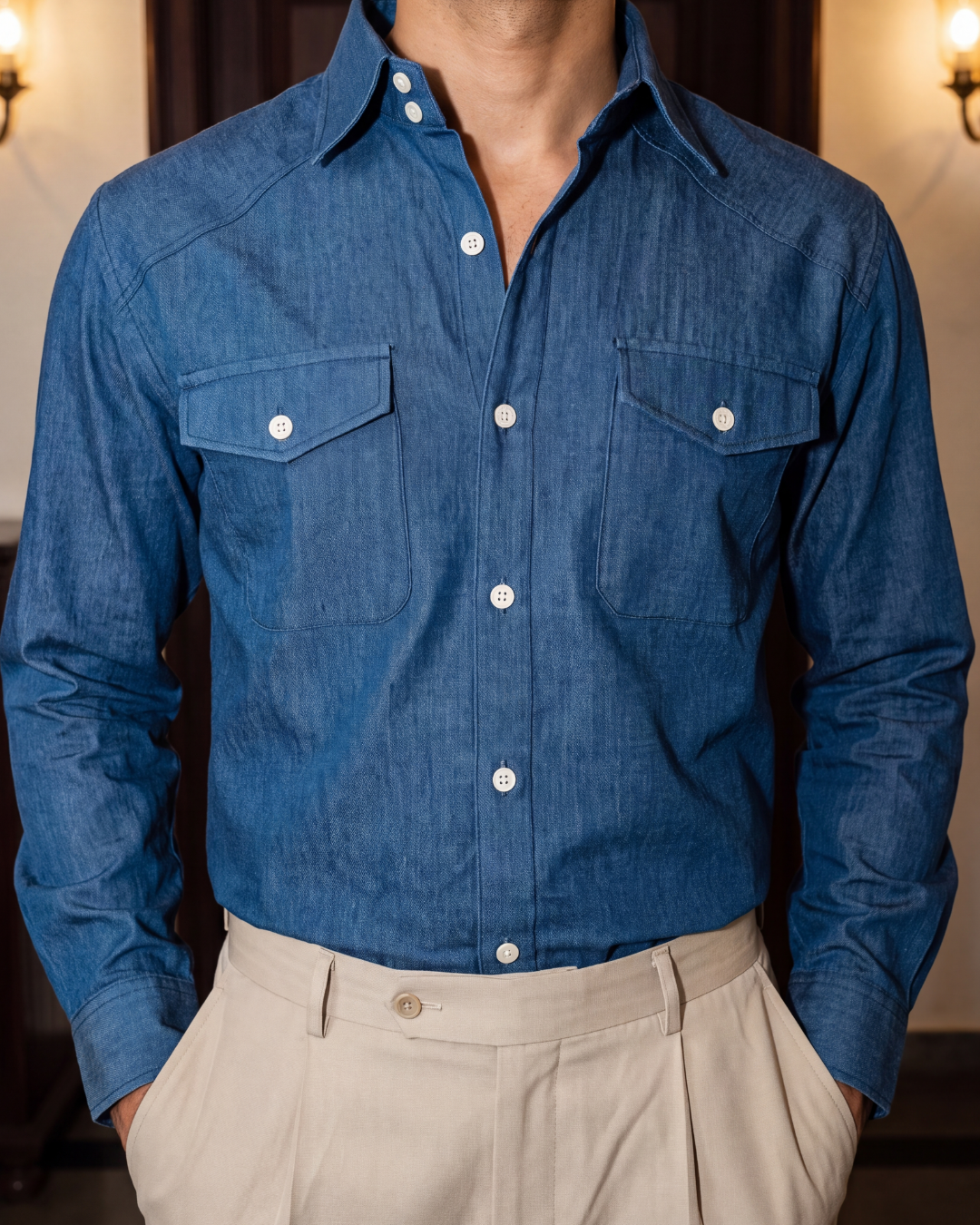 Ranch Chambray– Western Flap Pockets Utility Shirt