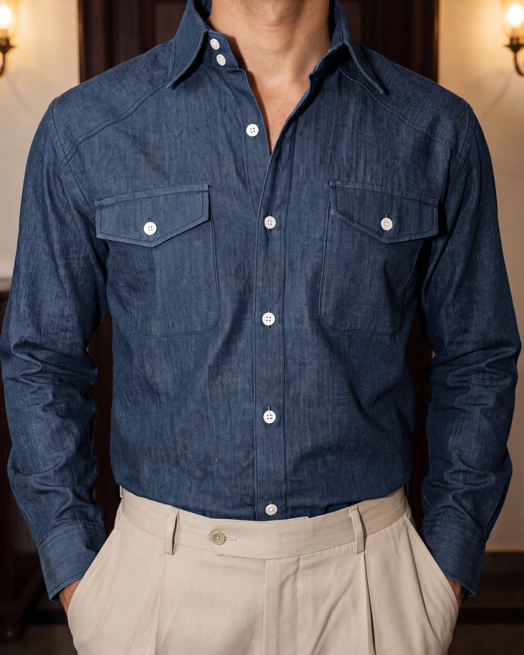 Chambray Denim– Western Flap Pockets Utility Shirt