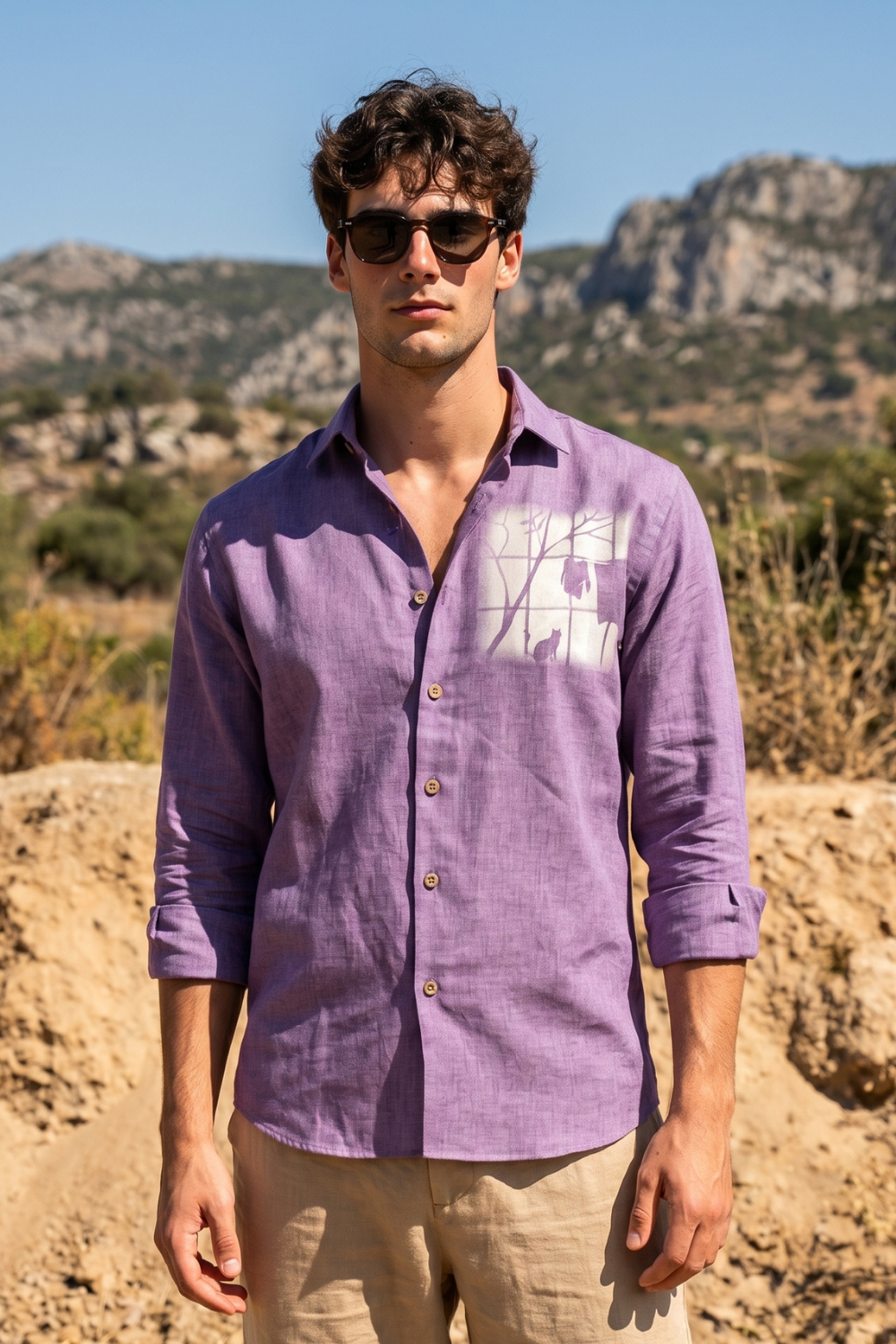 Desert Window Cotton Regular Fit Purple Printed Shirt