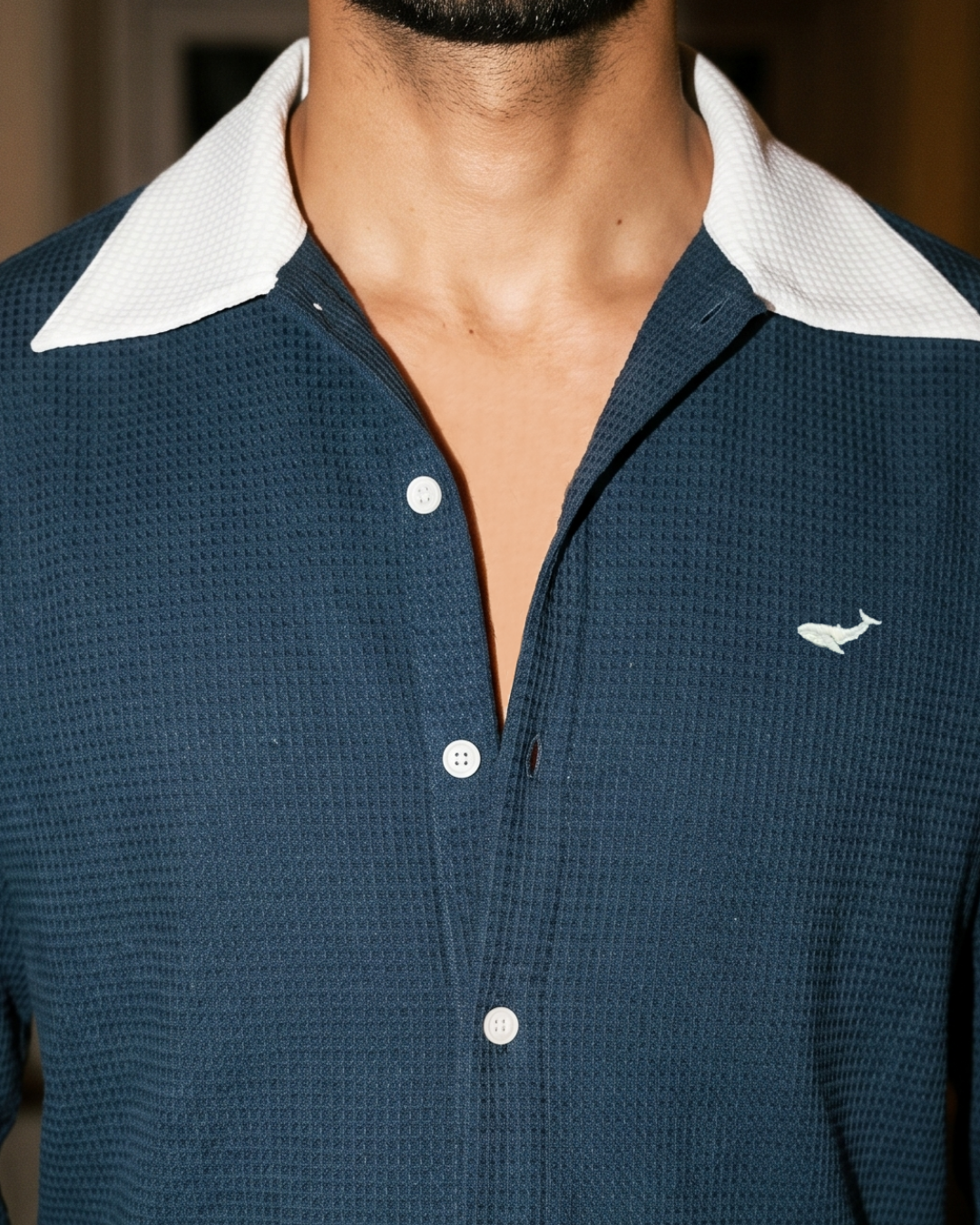 Midnight Waffle Knit- Wide Collar Shirt