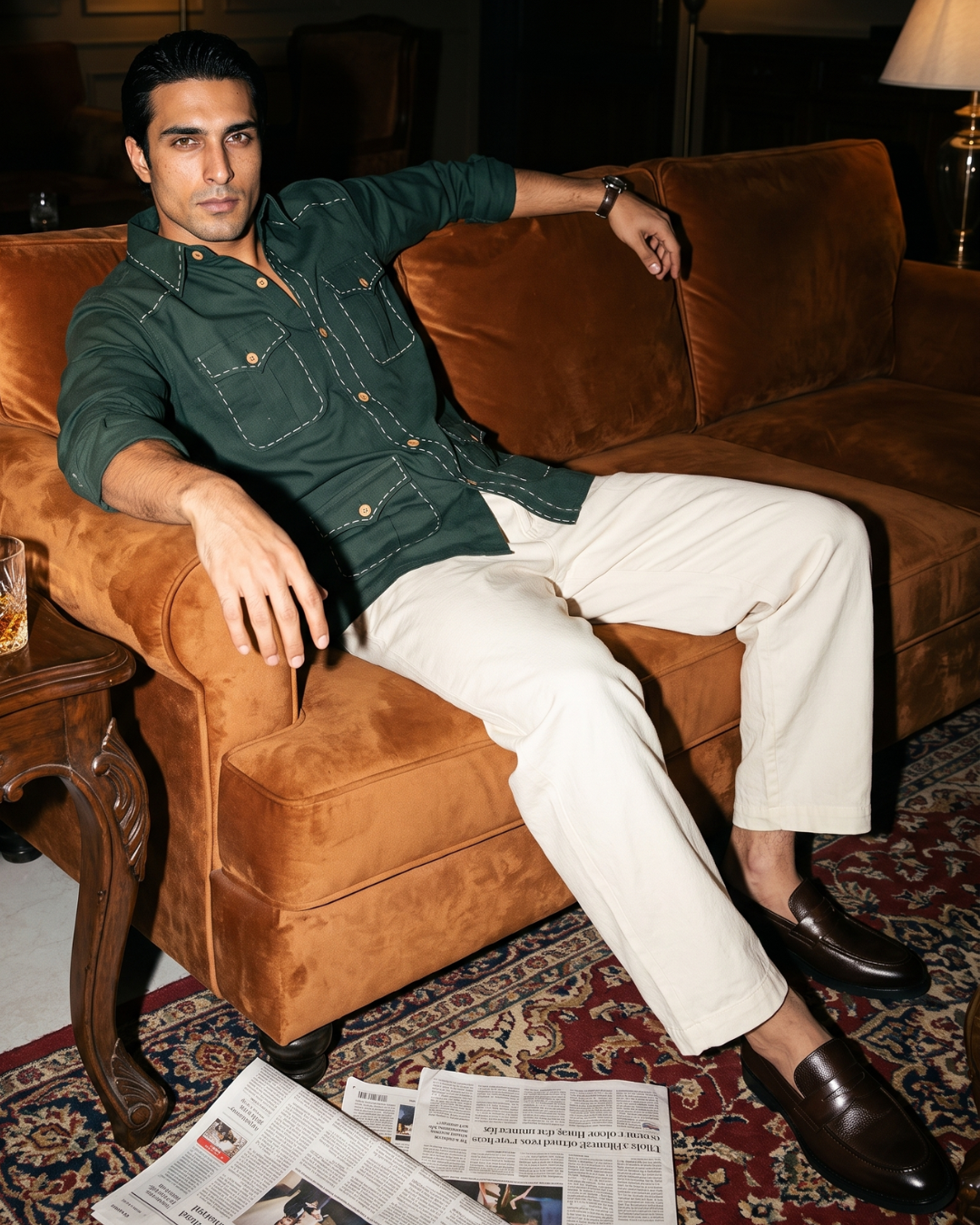 Safari Style Green Cotton- Pick Stitched with Multi Pockets Shirt