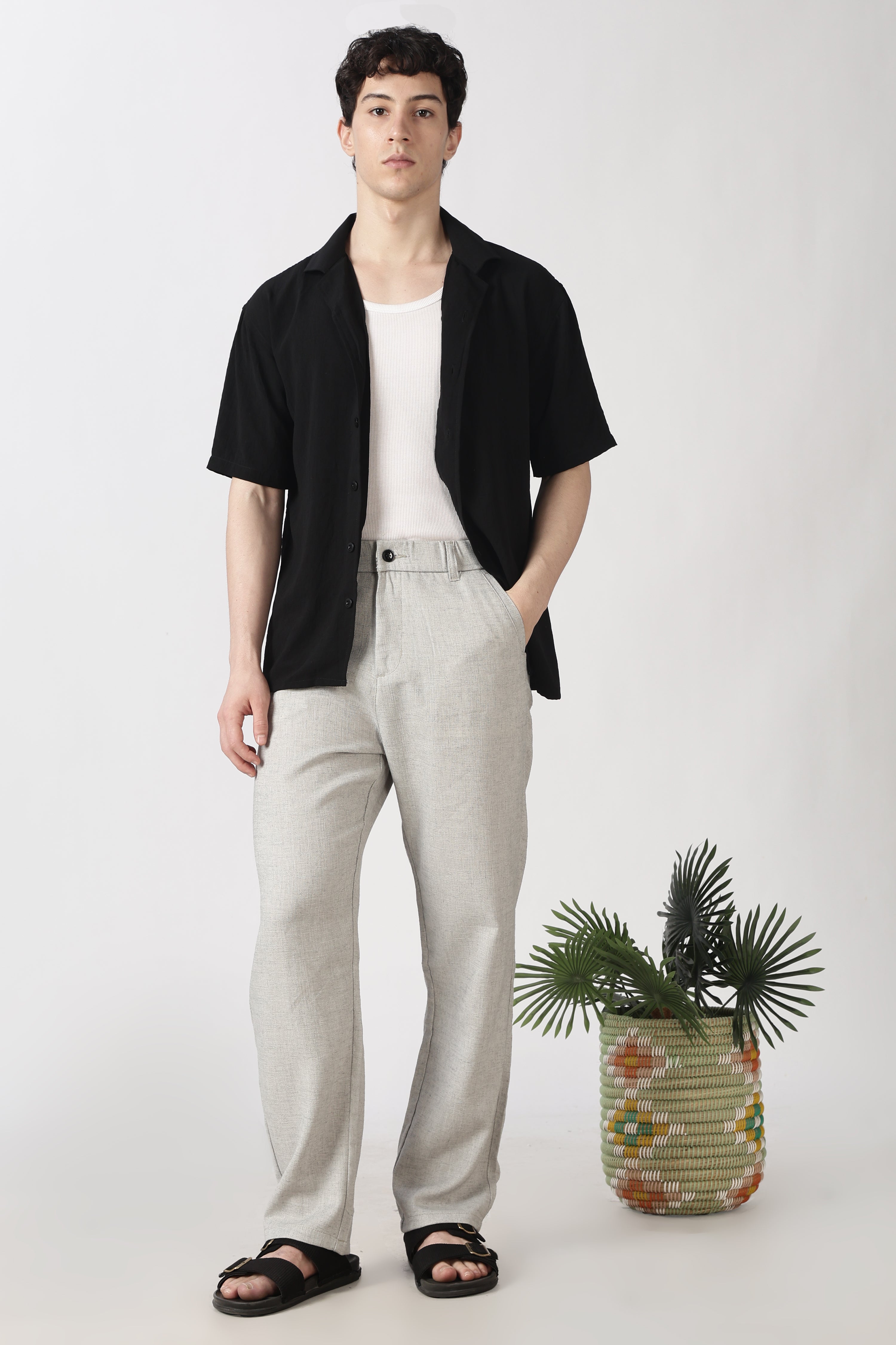 Linen-style 100% Cotton Straight Fit Grey Pant