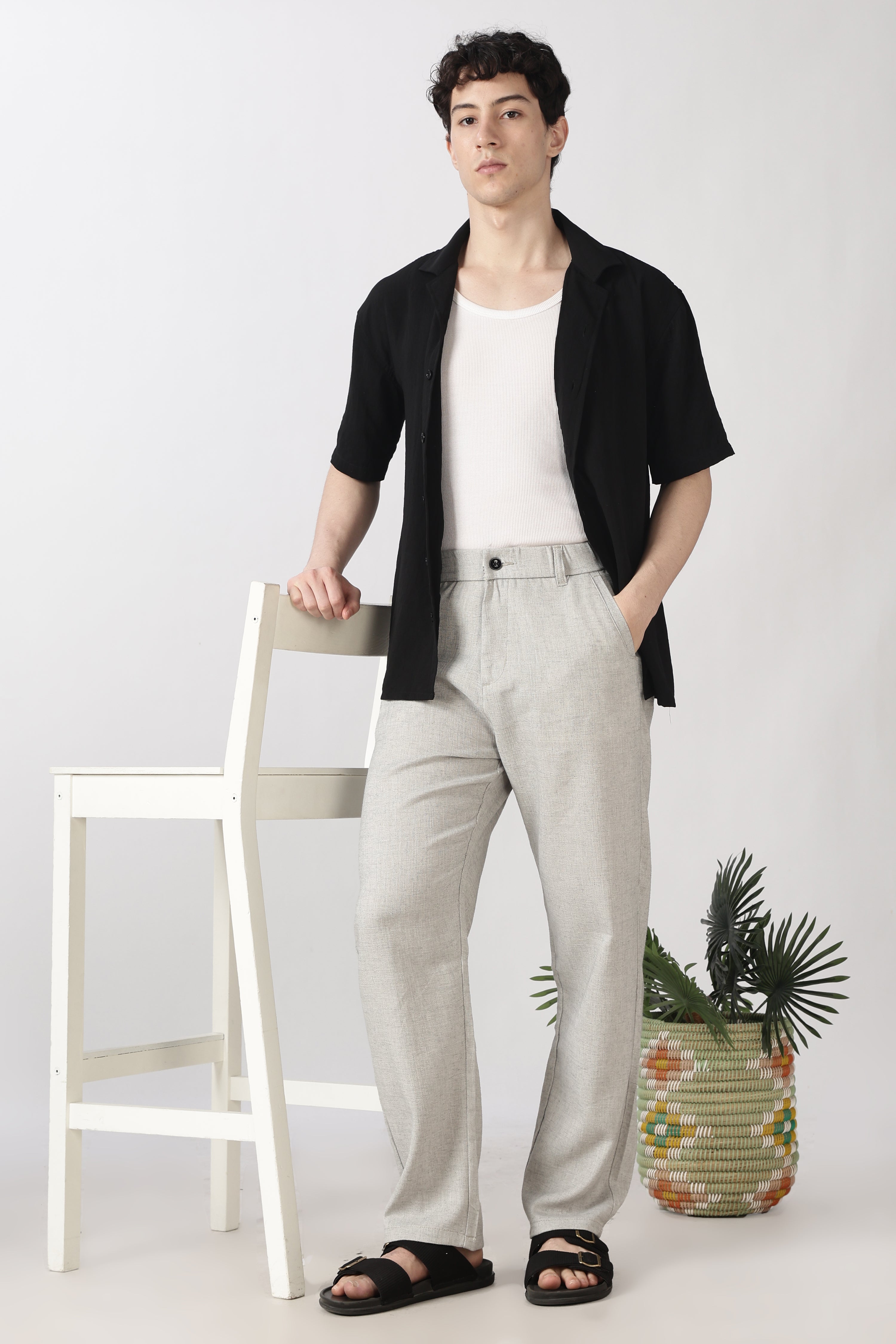 Linen-style 100% Cotton Straight Fit Grey Pant
