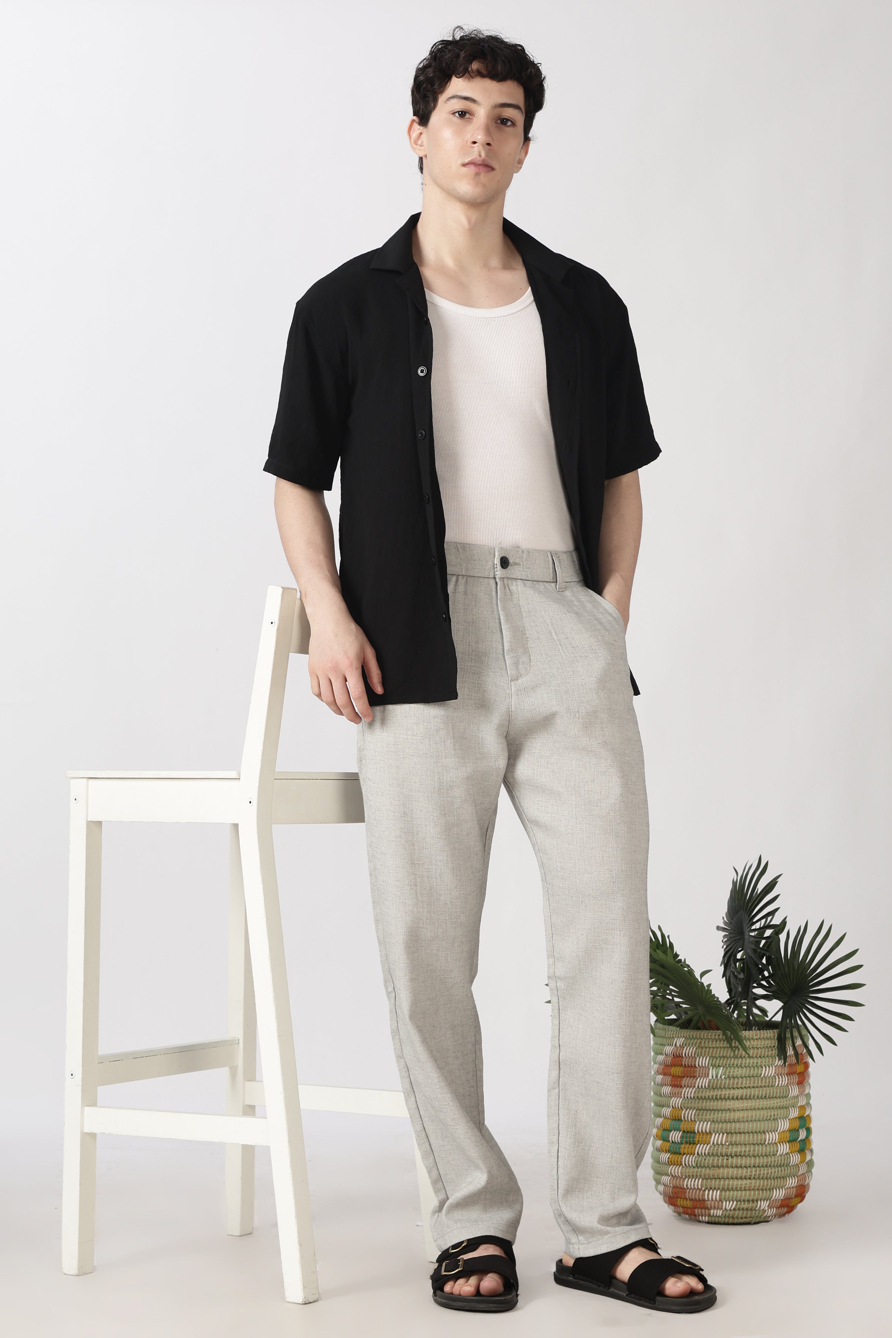 Linen-style 100% Cotton Straight Fit Grey Pant