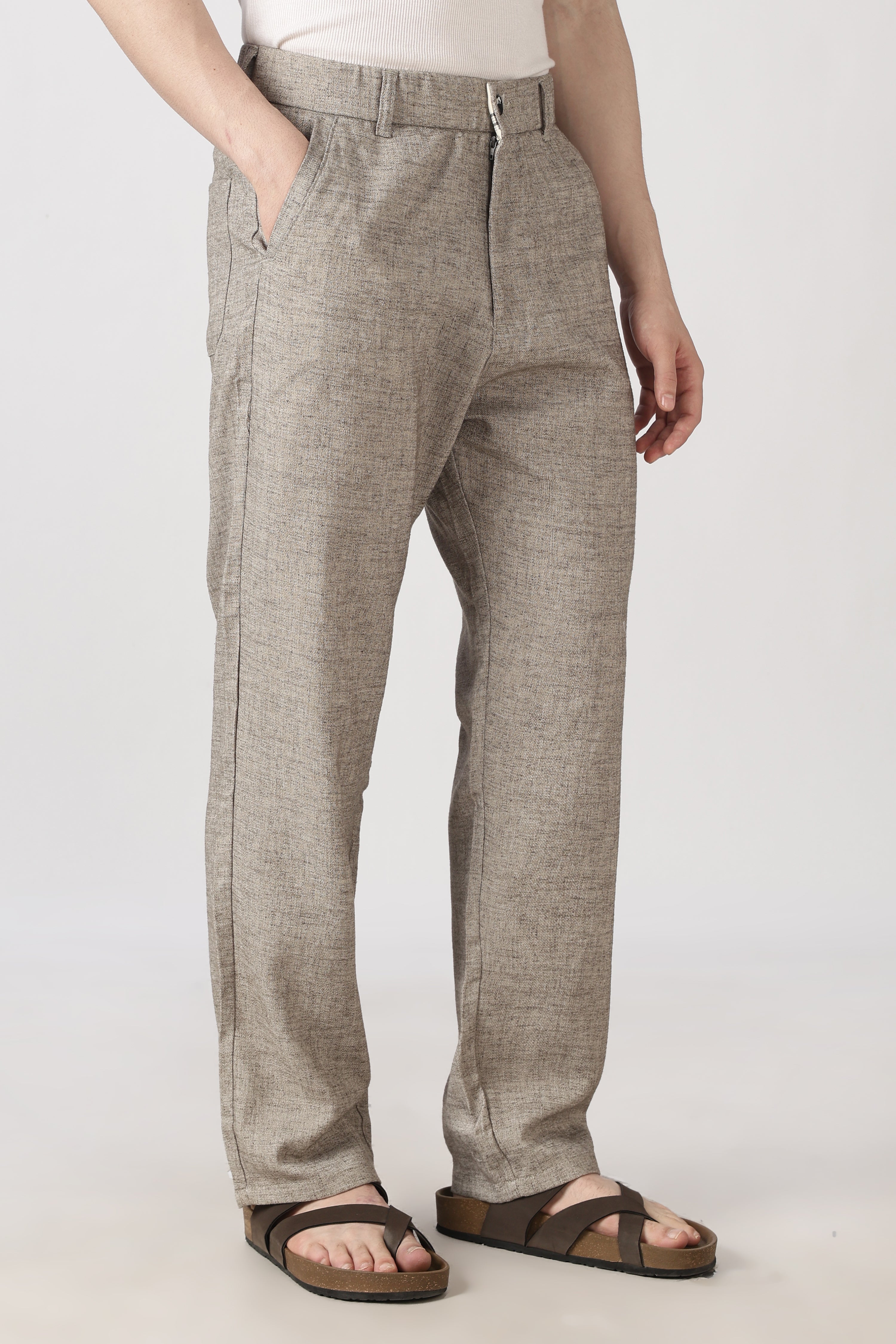Linen-Style 100% Cotton Straight Fit Brown Textured Pant
