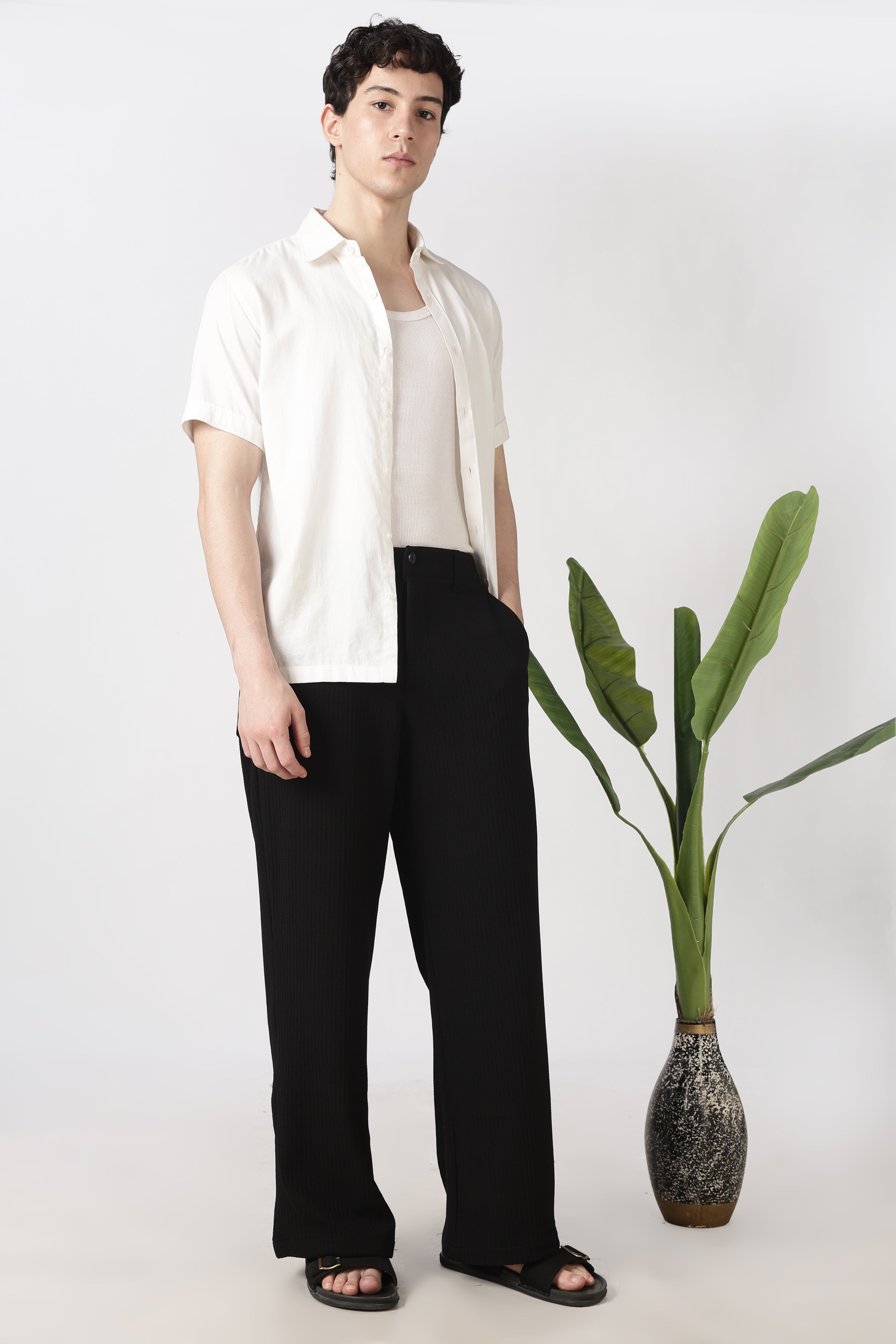 Coasta Textured Parallel Fit Black Pants