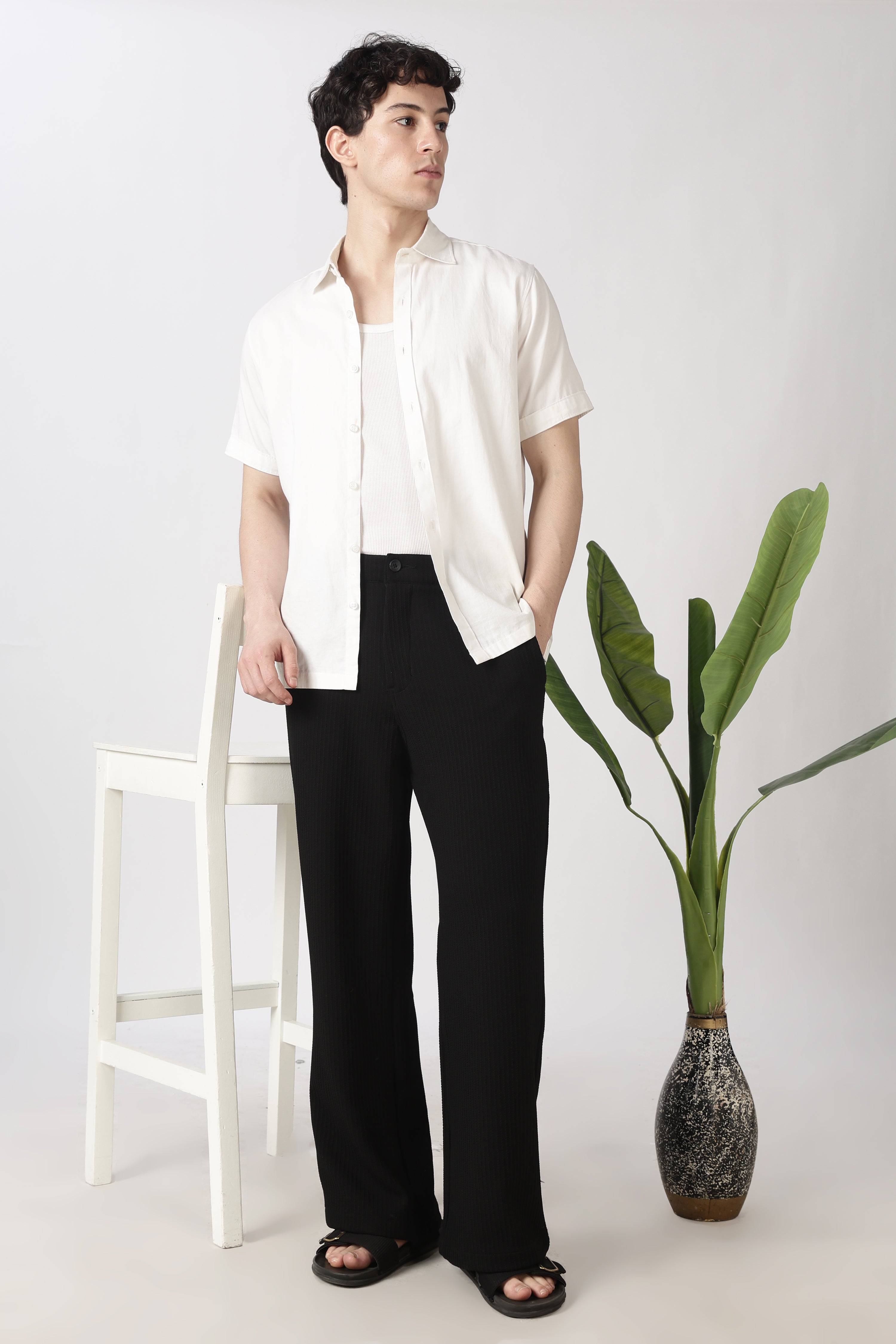 Coasta Textured Parallel Fit Black Pants