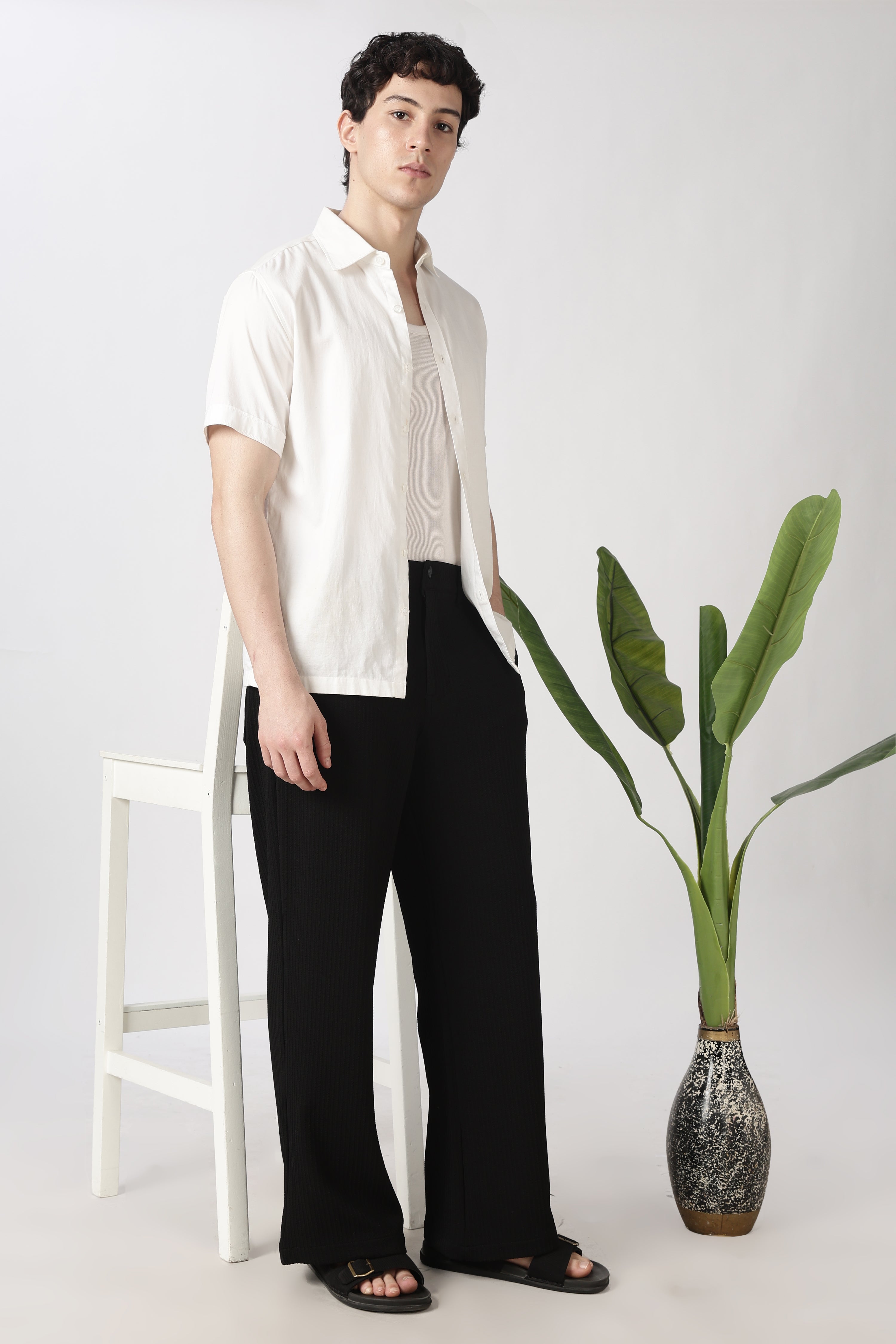 Coasta Textured Parallel Fit Black Pants