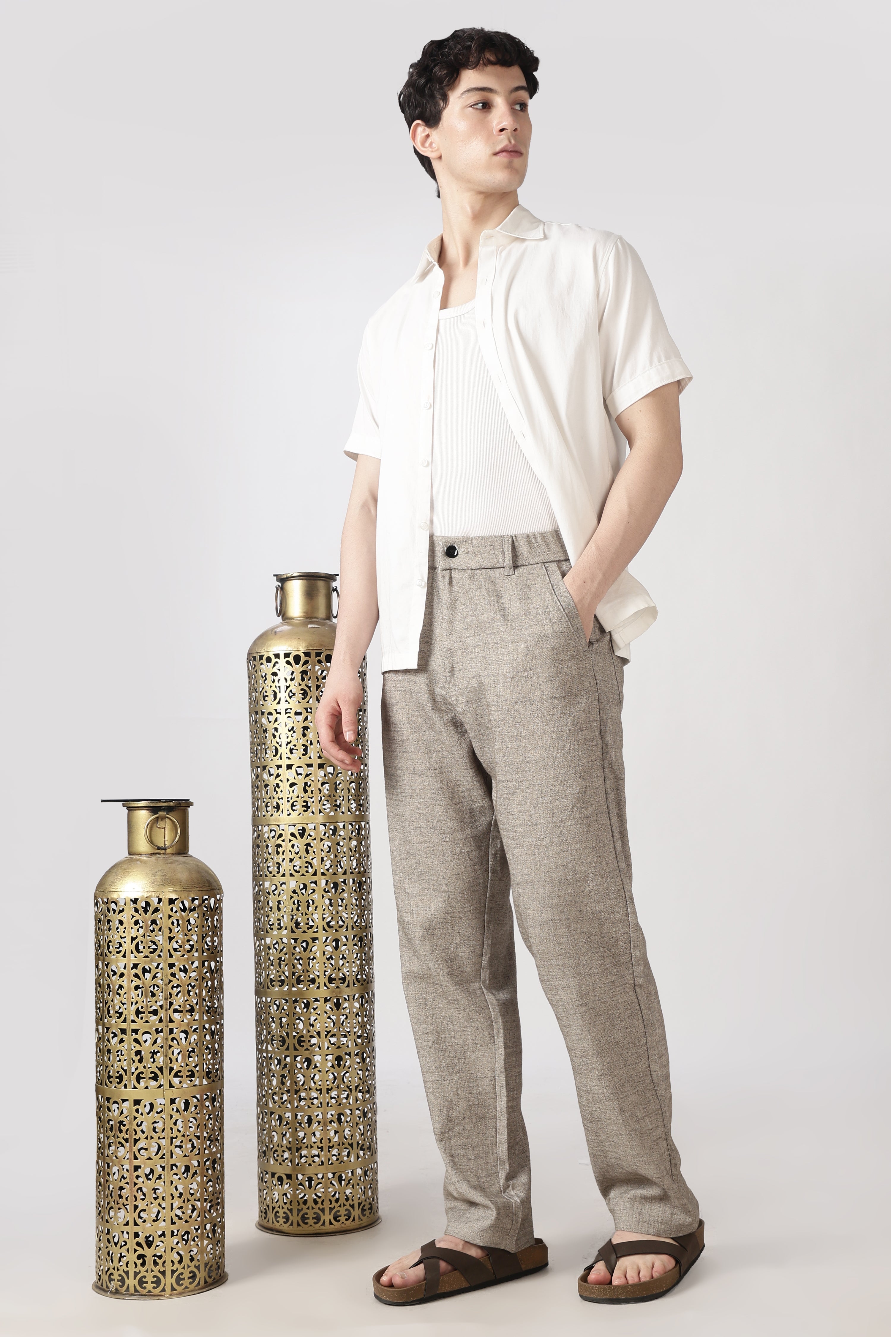Linen-Style 100% Cotton Straight Fit Brown Textured Pant