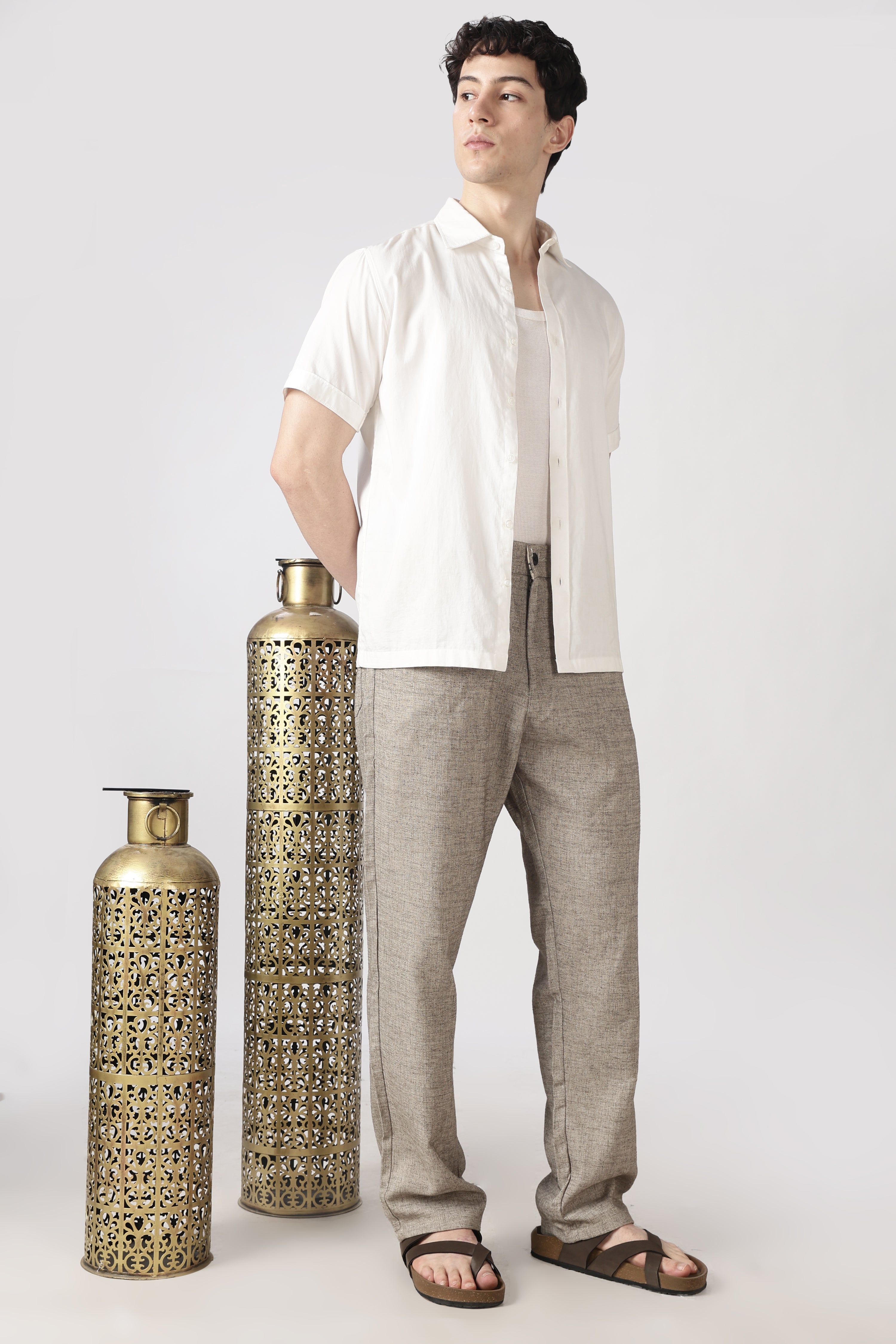 Linen-Style 100% Cotton Straight Fit Brown Textured Pant