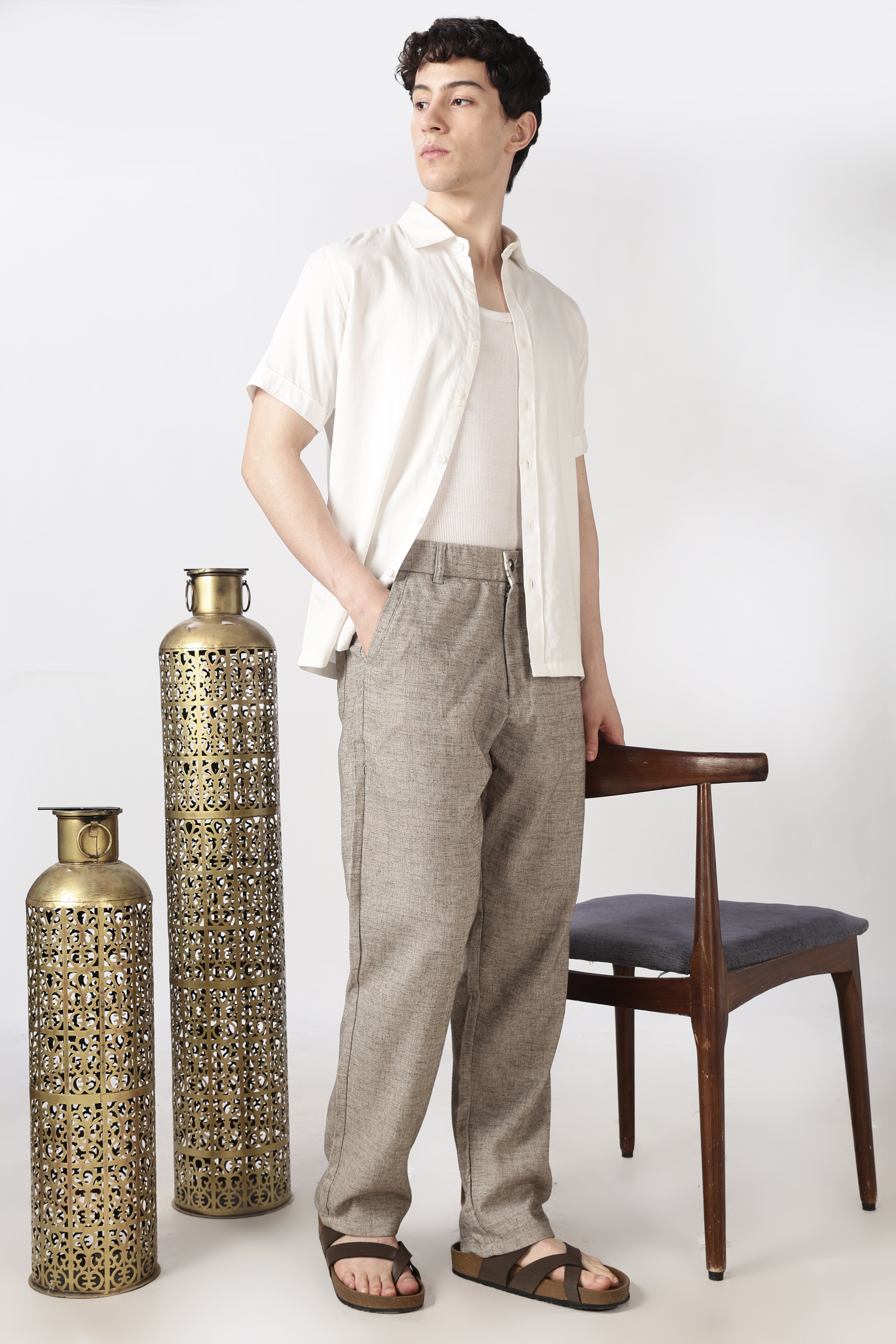 Linen-Style 100% Cotton Straight Fit Brown Textured Pant