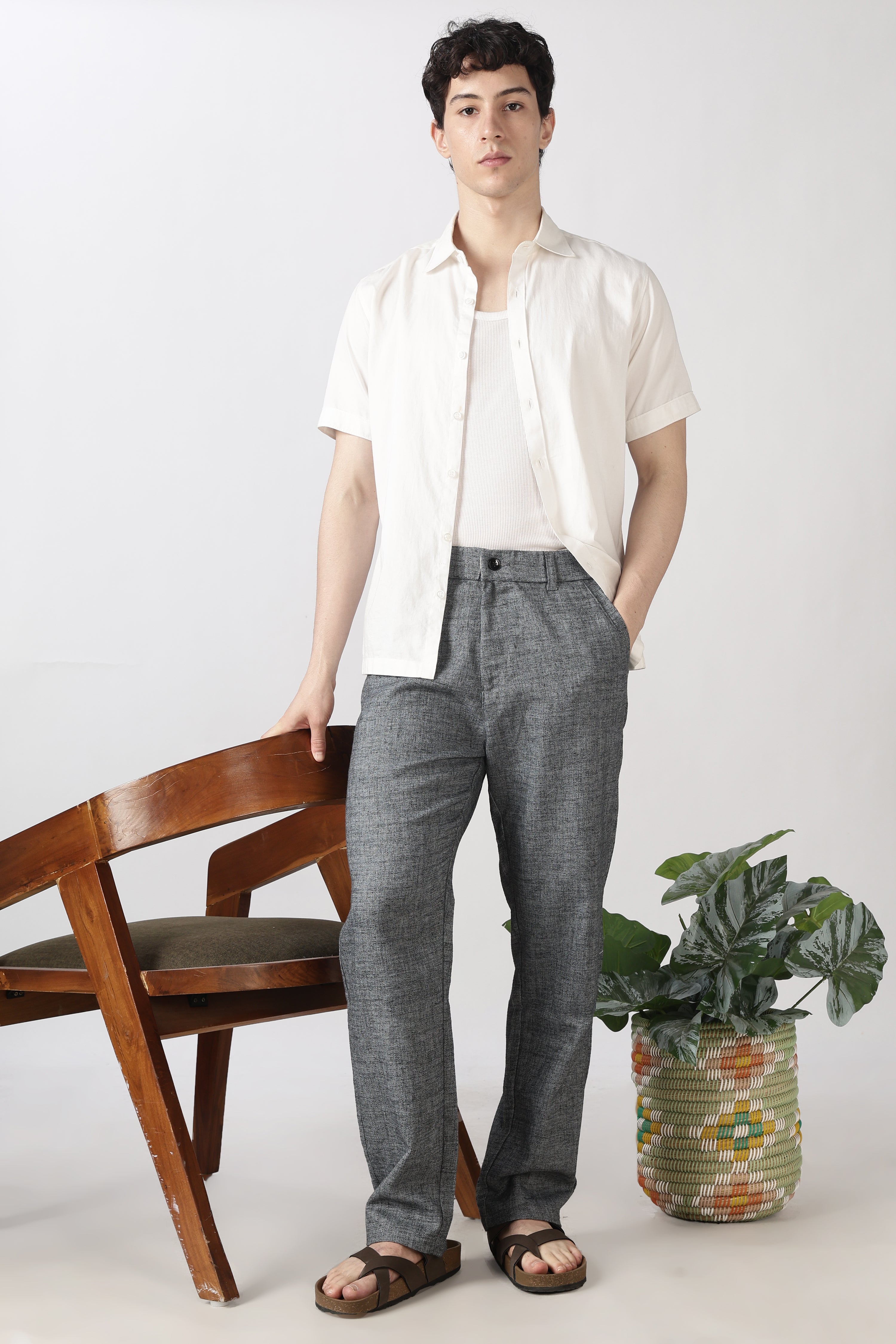 Linen-style 100% Cotton Straight Fit Grey Pant