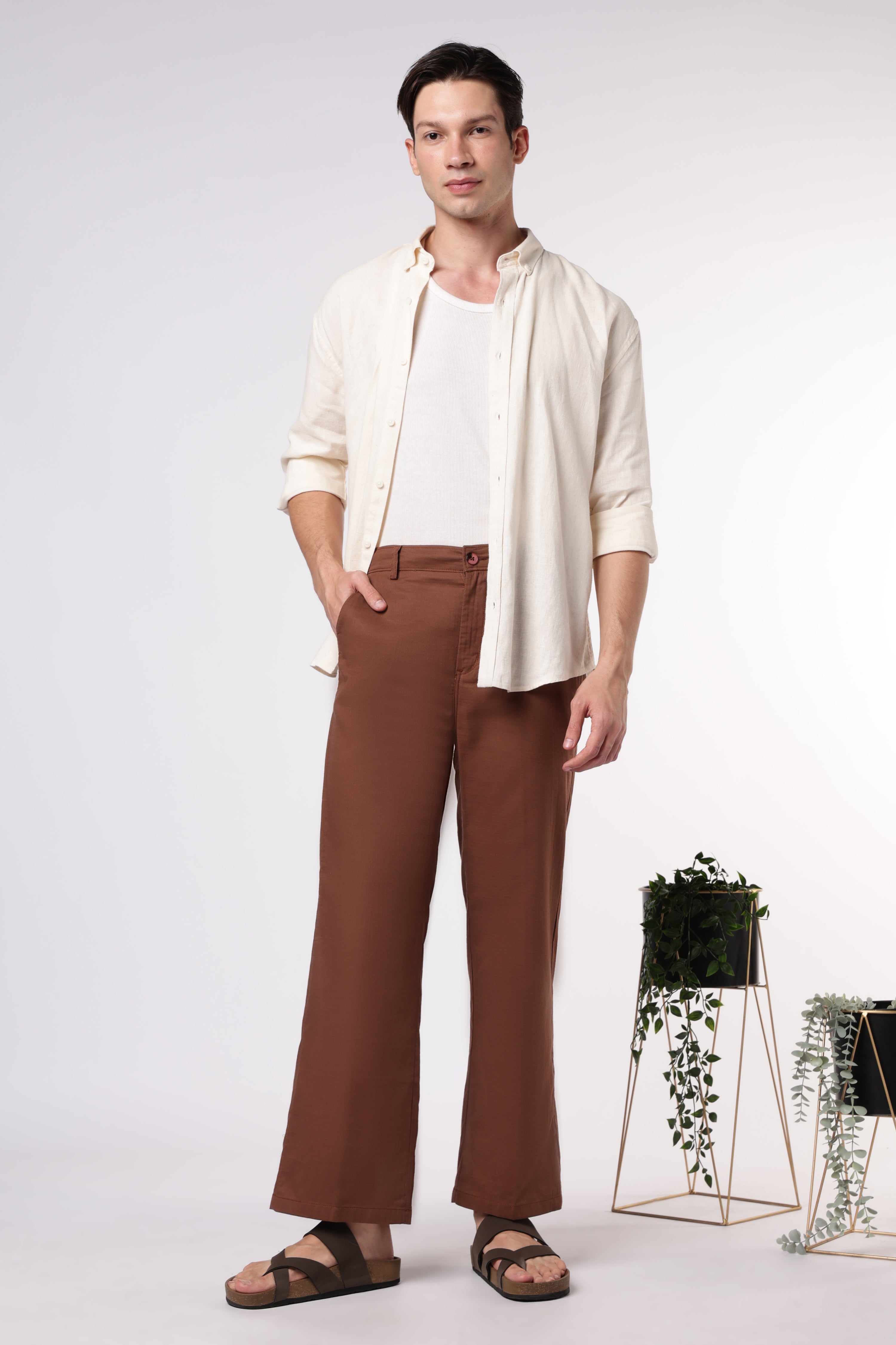 Linen-style 100% Cotton Straight Fit Brown Pant