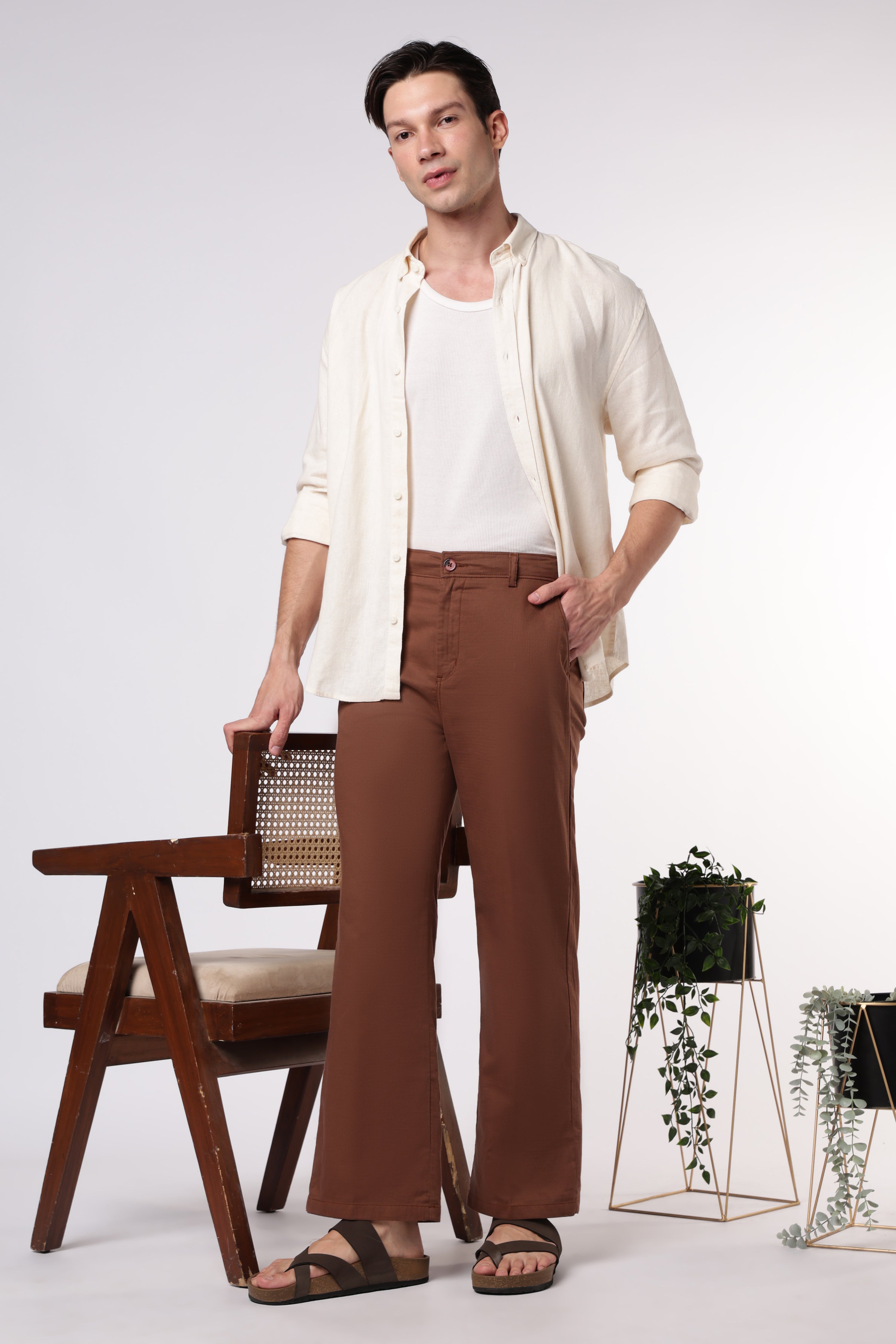 Linen-style 100% Cotton Straight Fit Brown Pant
