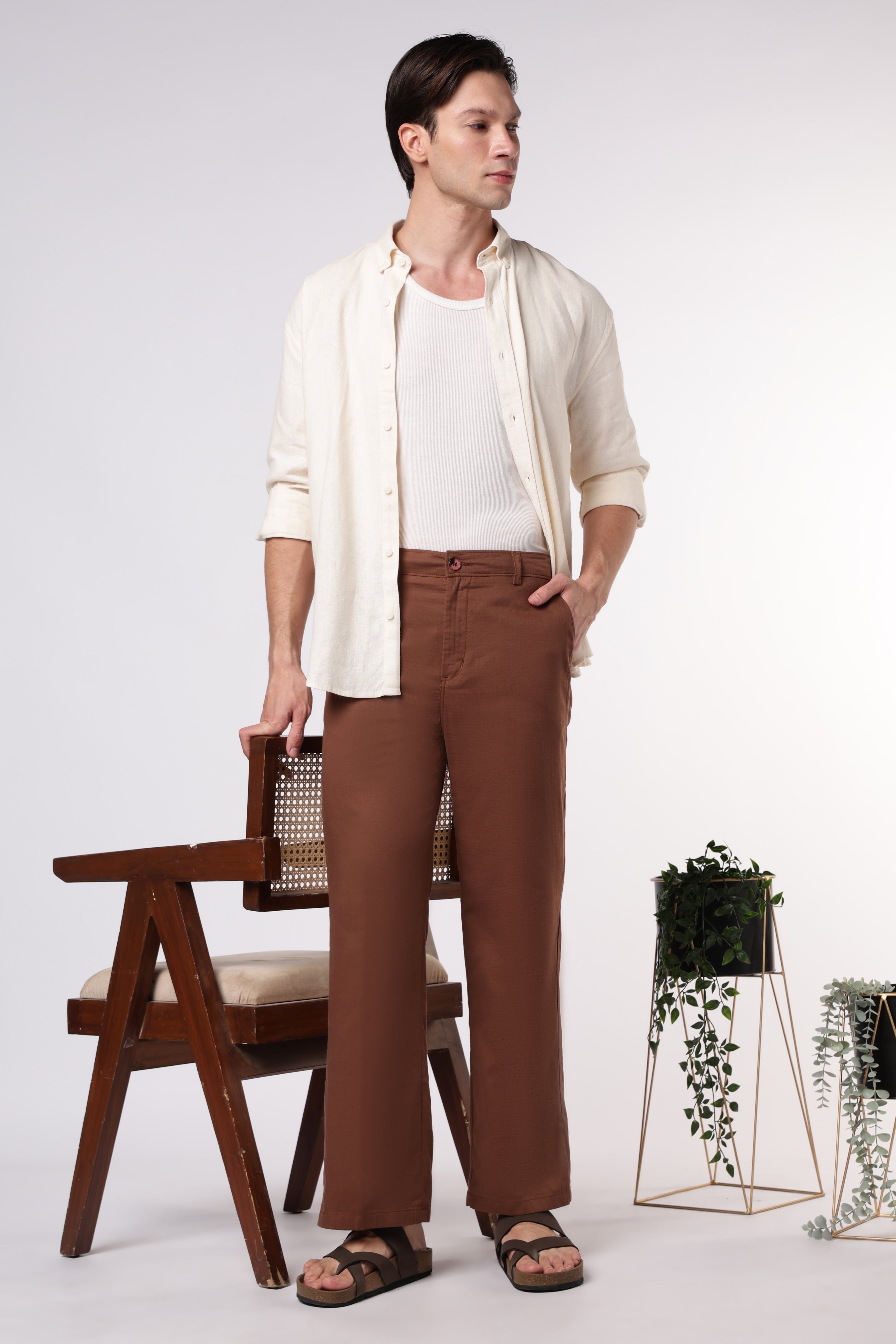Linen-style 100% Cotton Straight Fit Brown Pant