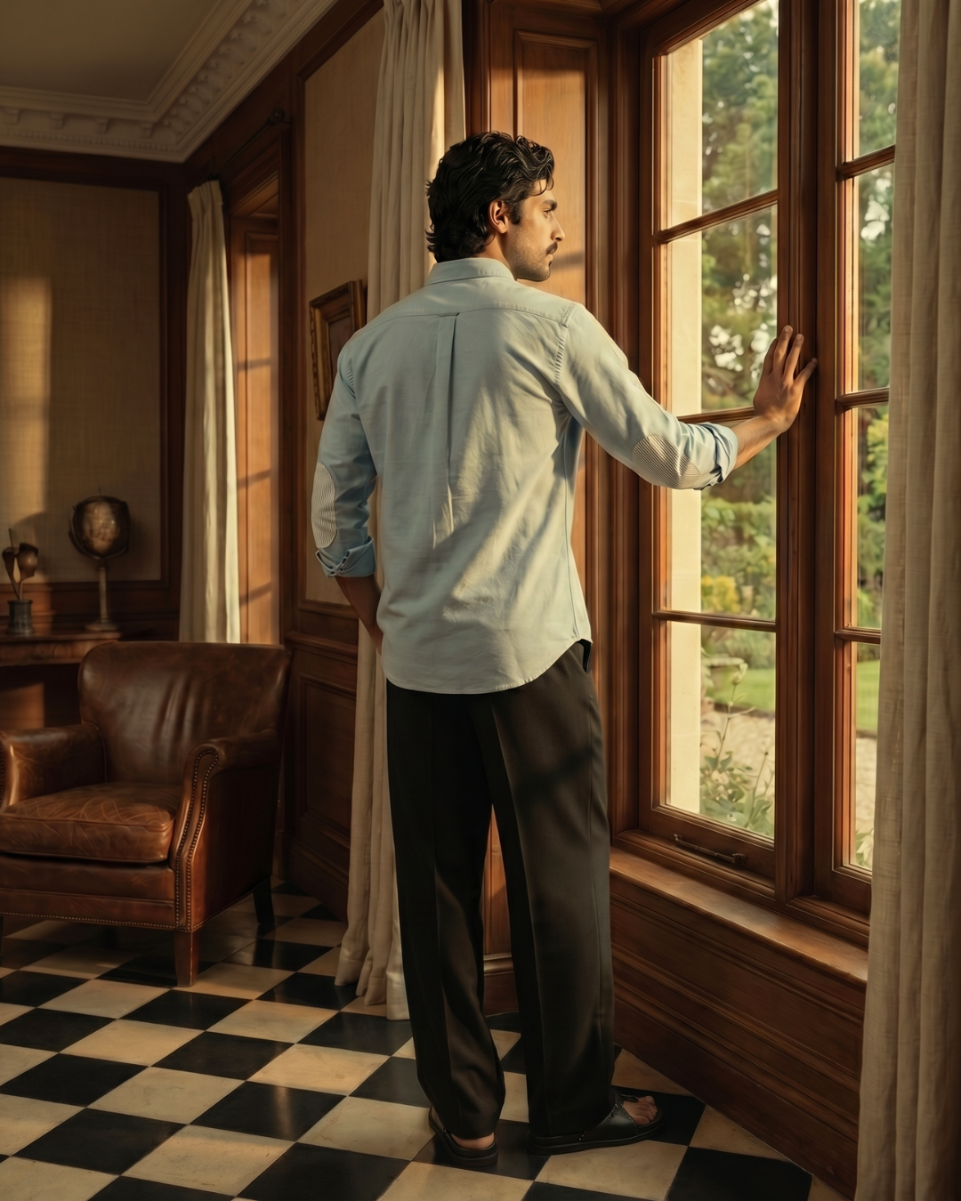 Fine Count Oxford- Broad Collar and Elbow Patches Sky Blue Shirt