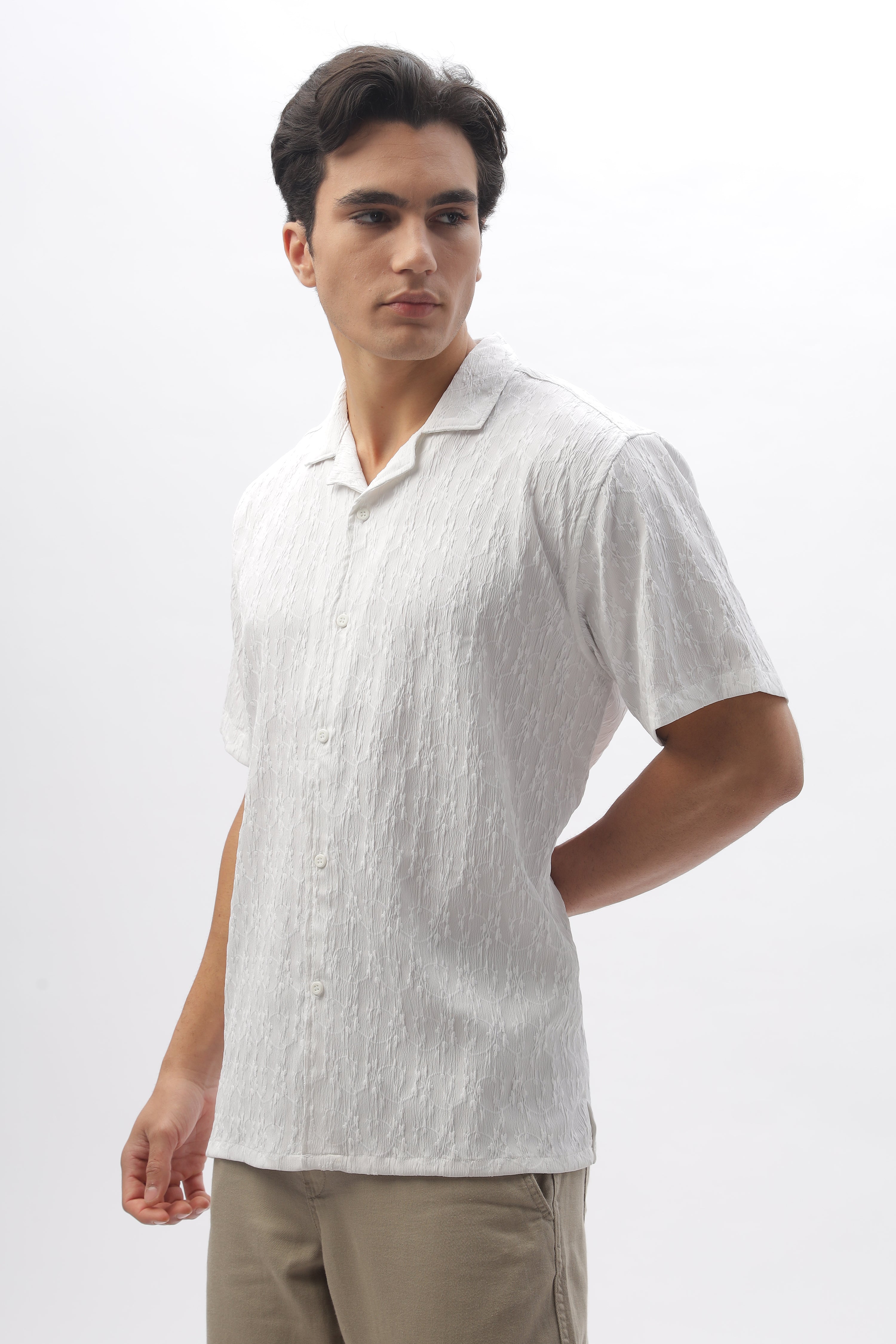 Tulum White Textured Cuban Collar Shirt