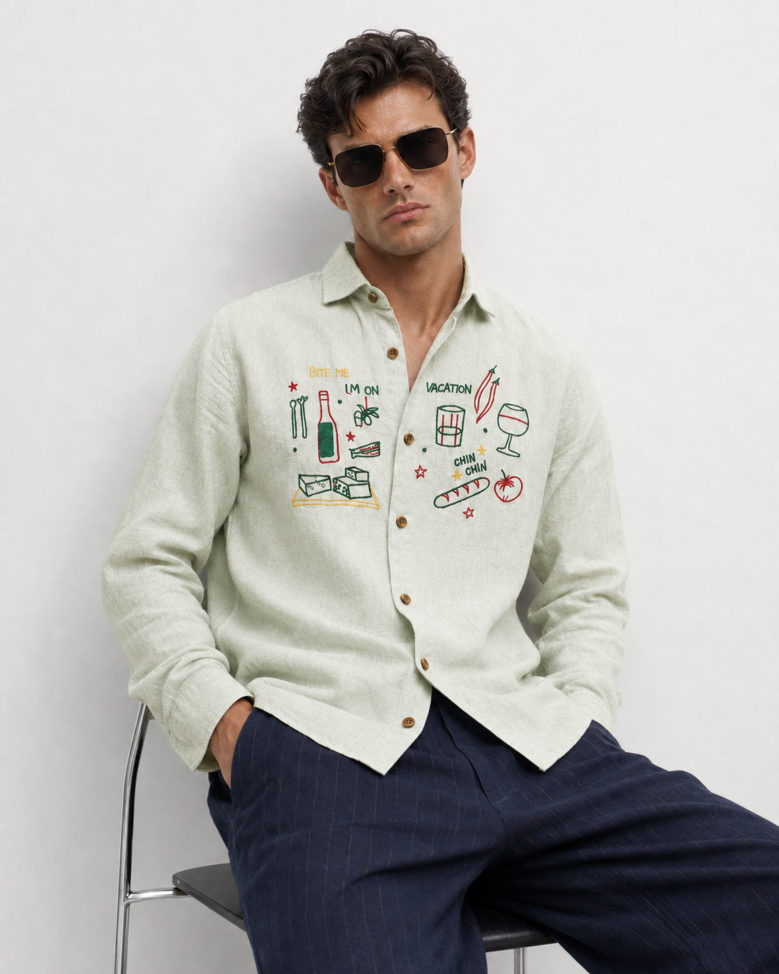 Playful Vacation Cotton Regular Fit Sage Green Embroidered Shirt
