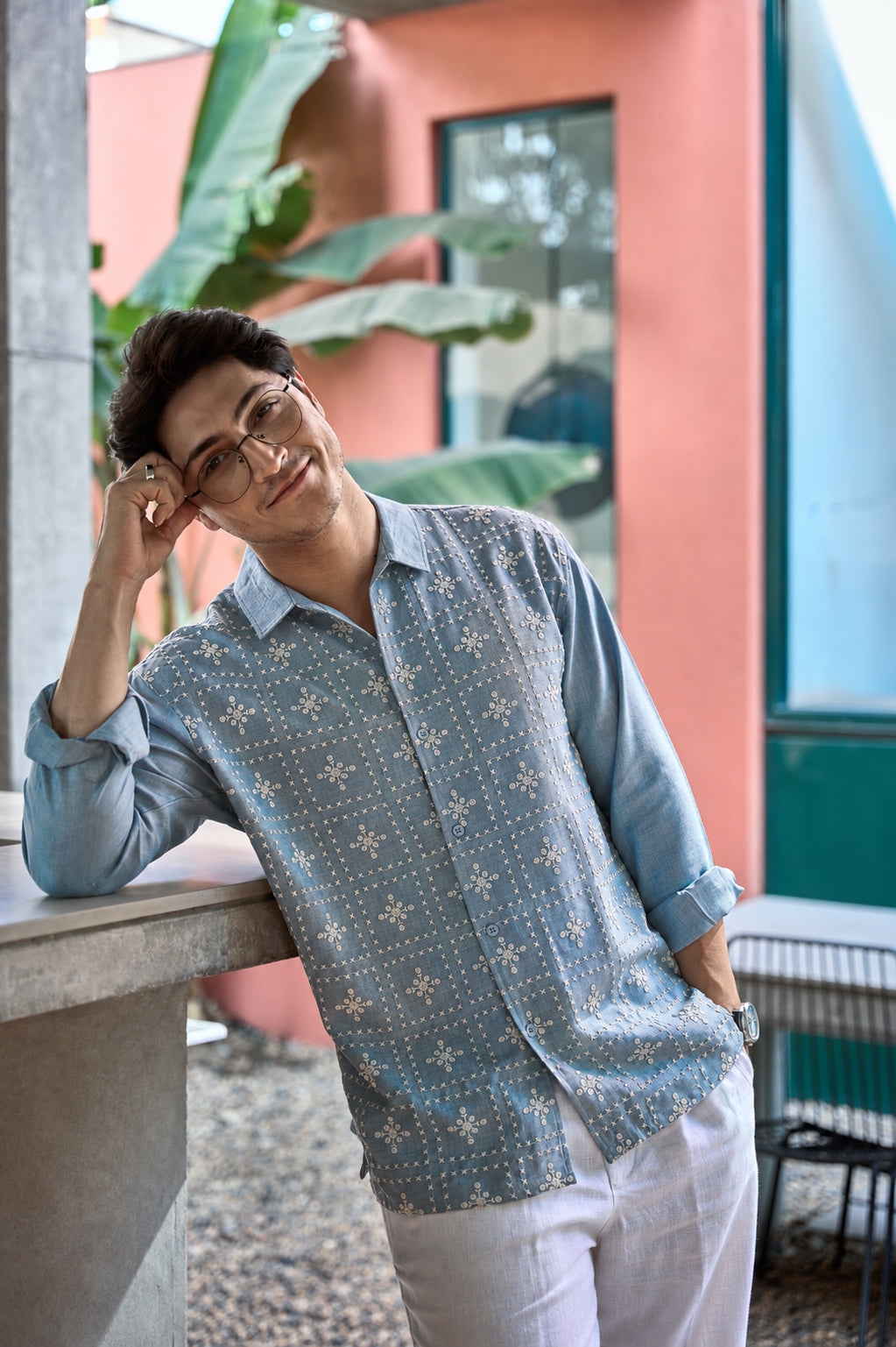 River Blue All Over Cotton Regular Fit Blue Embroidered Shirt