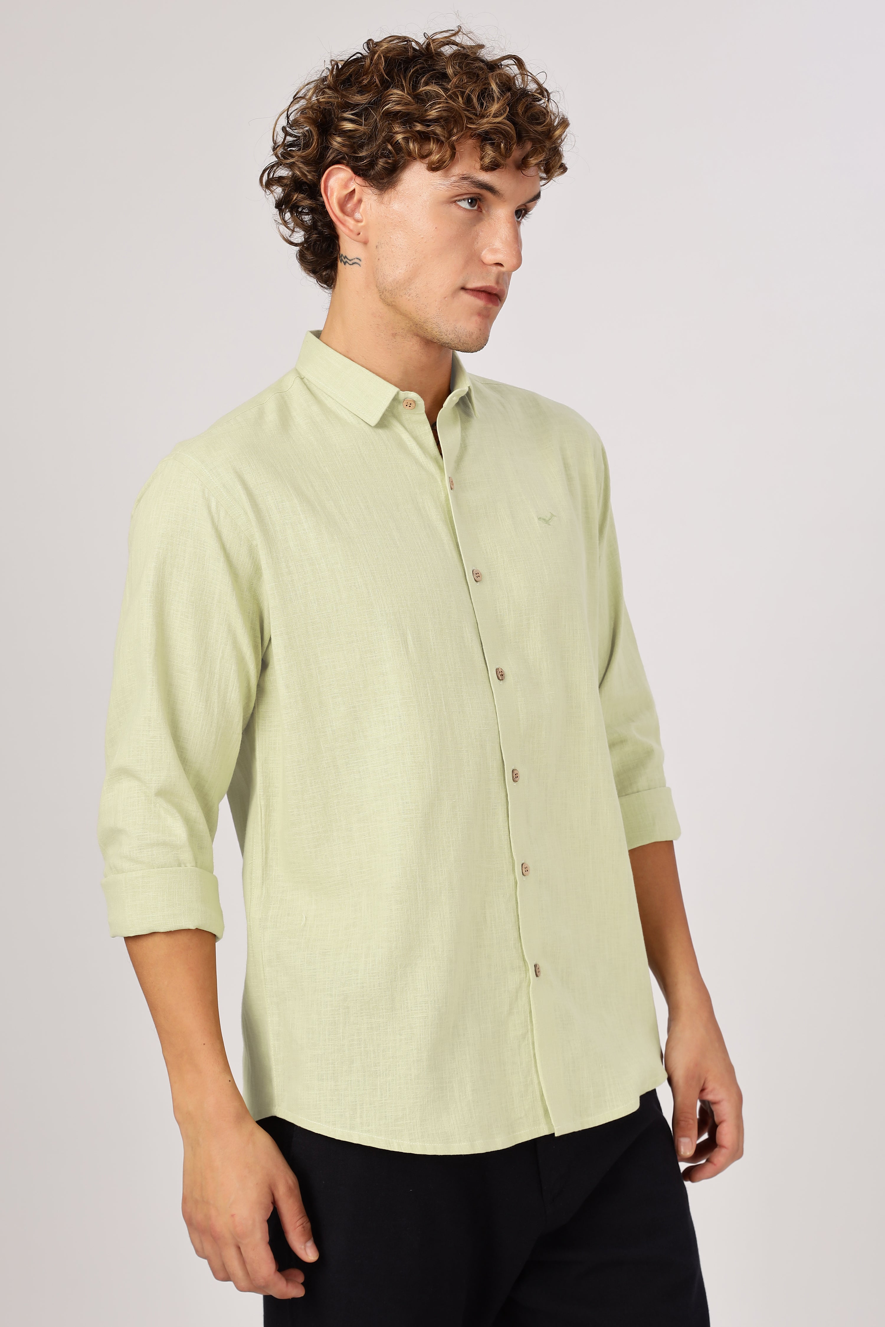 Light Green 100% Cotton Mock-Linen Essential Shirt