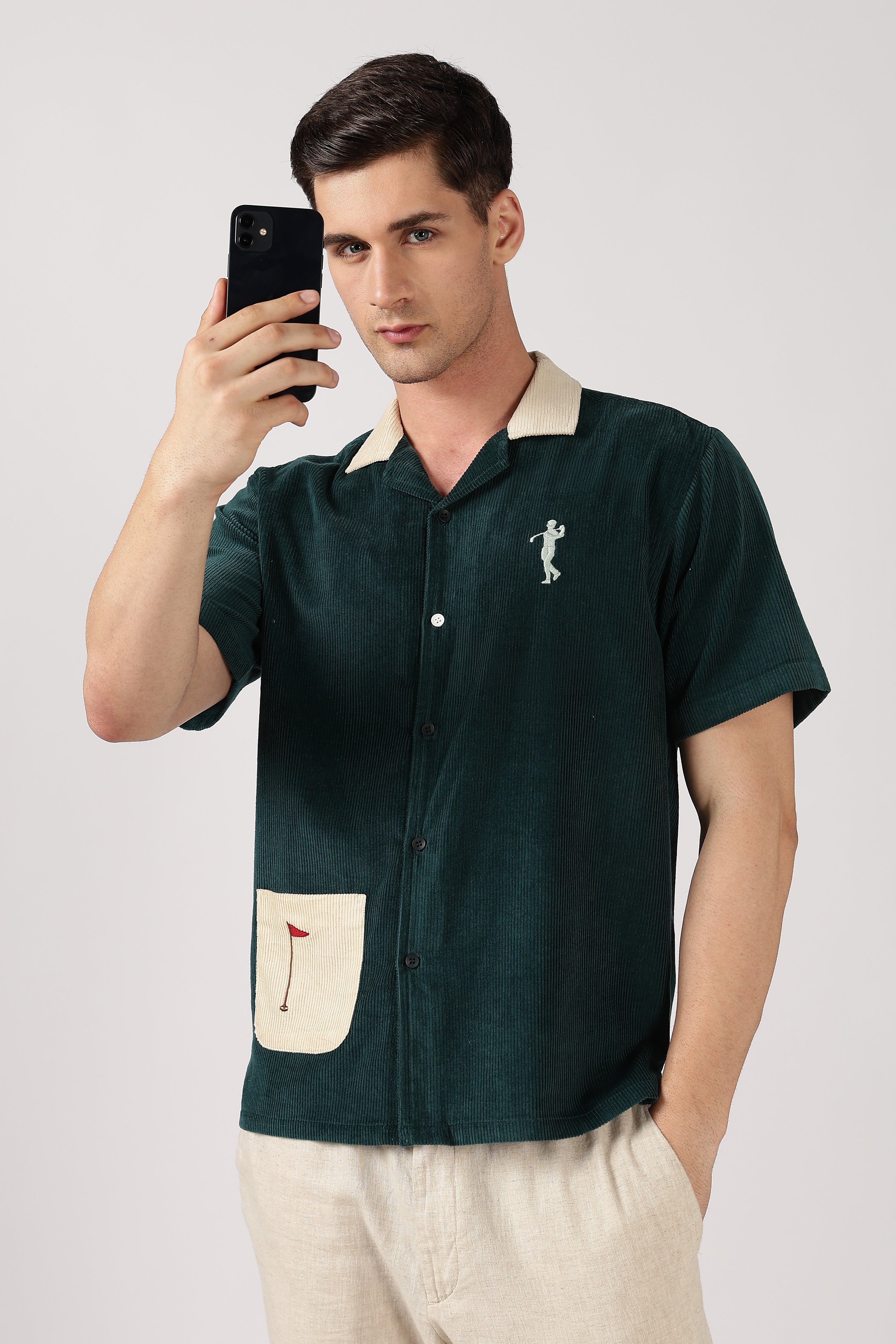 Fairway Flag Cotton Corduroy Box Fit Mint Green Embroidered Shirt