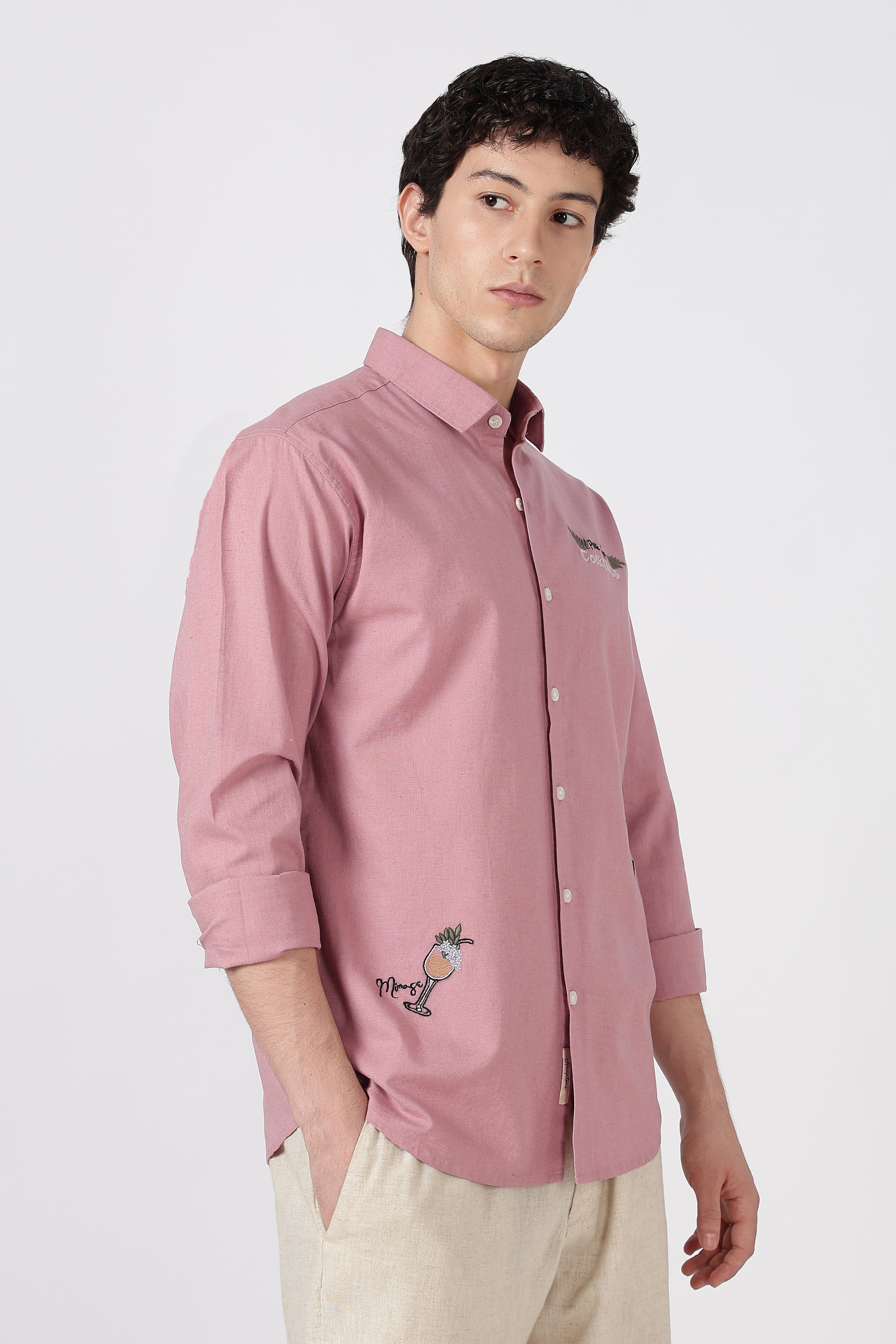 Cocktail-Themed Cotton Regular Fit Dusty Pink Embroidered Shirt