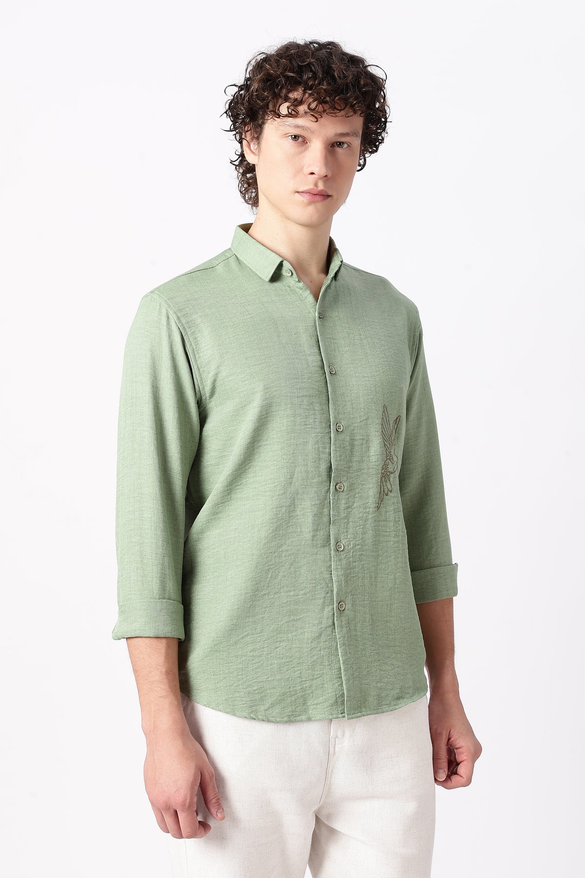 Humming(way) Birds Vienna Cotton Regular Fit Green Embroidery Shirt