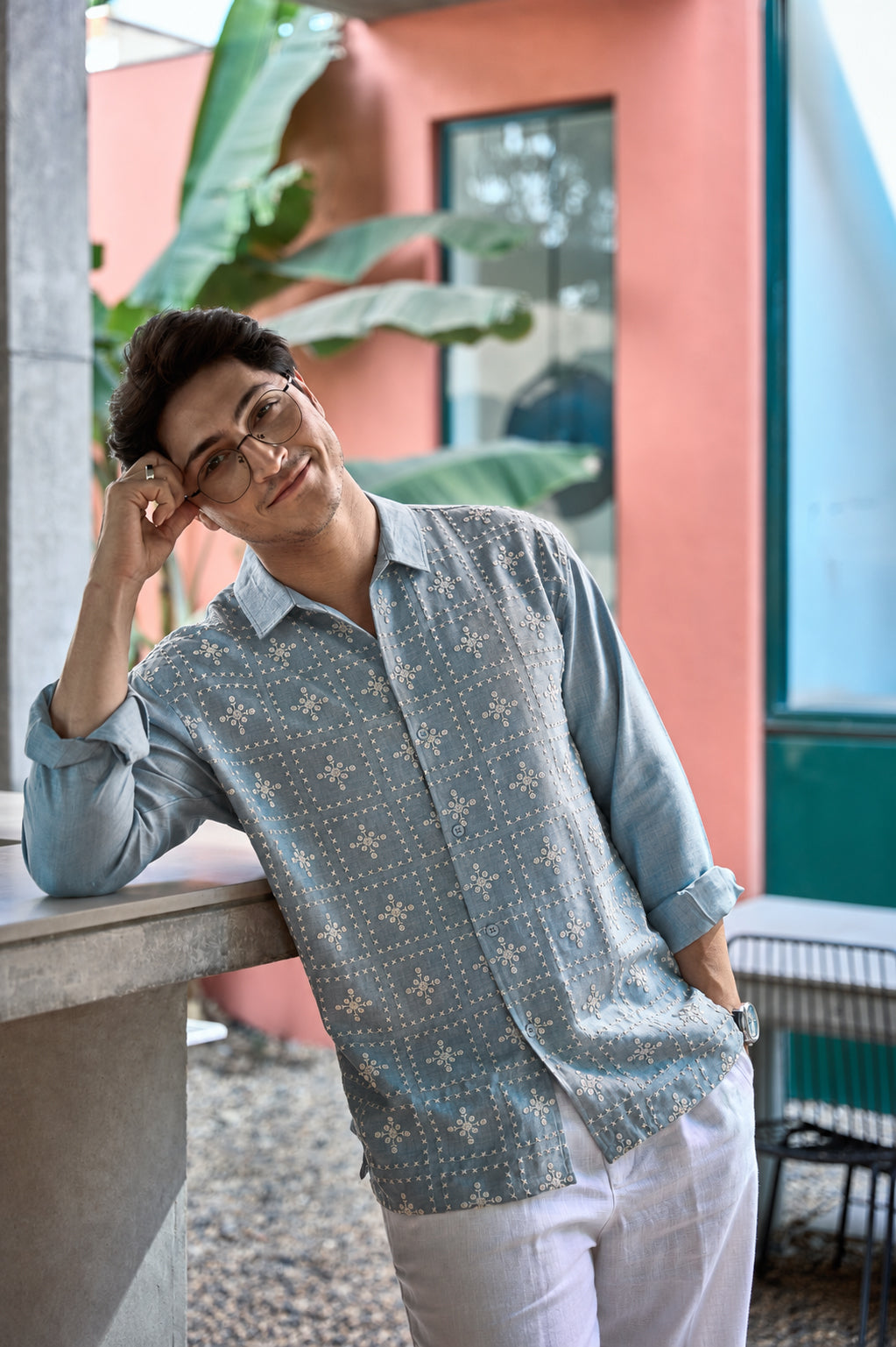 River Blue All Over Cotton Regular Fit Blue Embroidered Shirt
