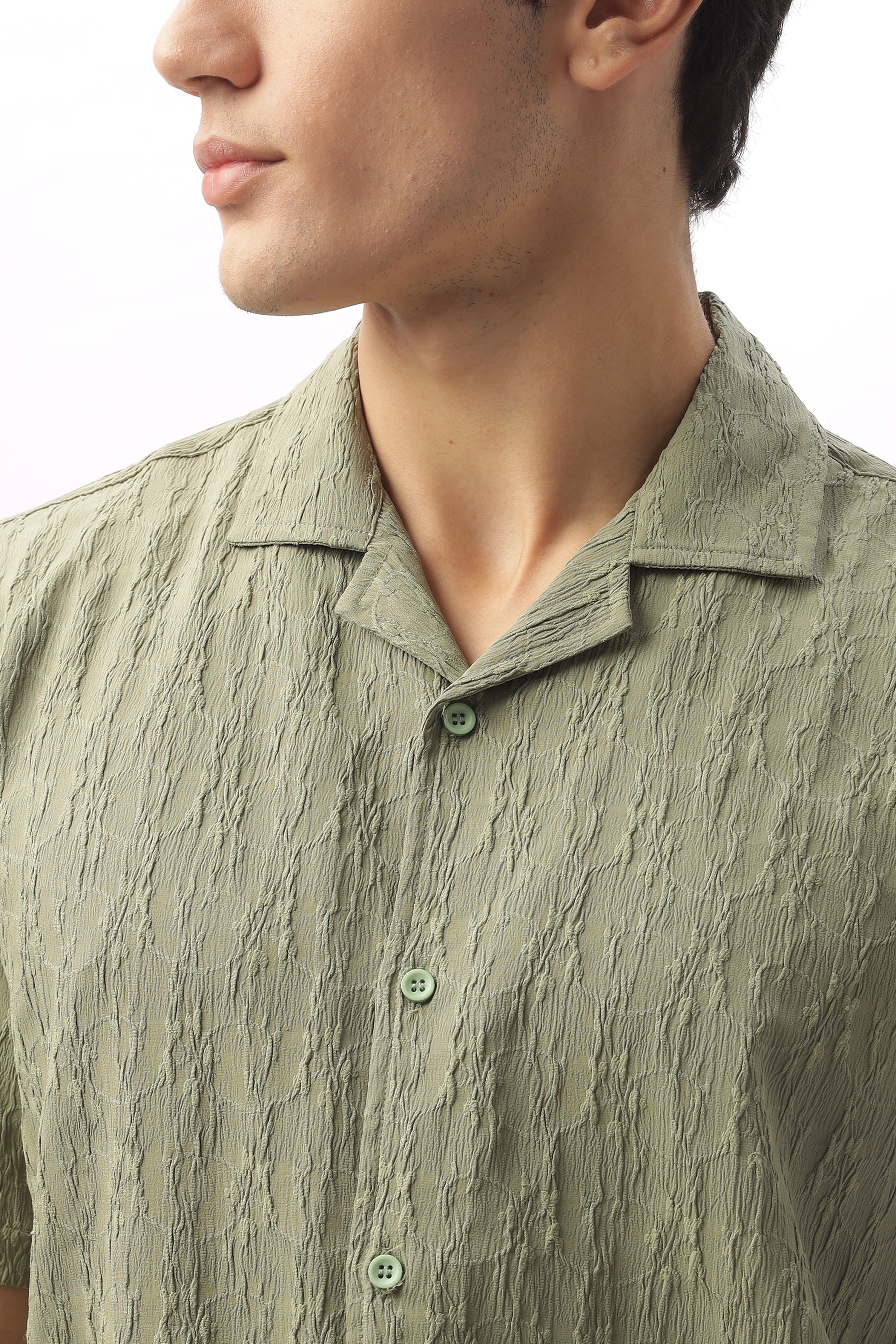 Grenada Green Textured Cuban Collar Shirt