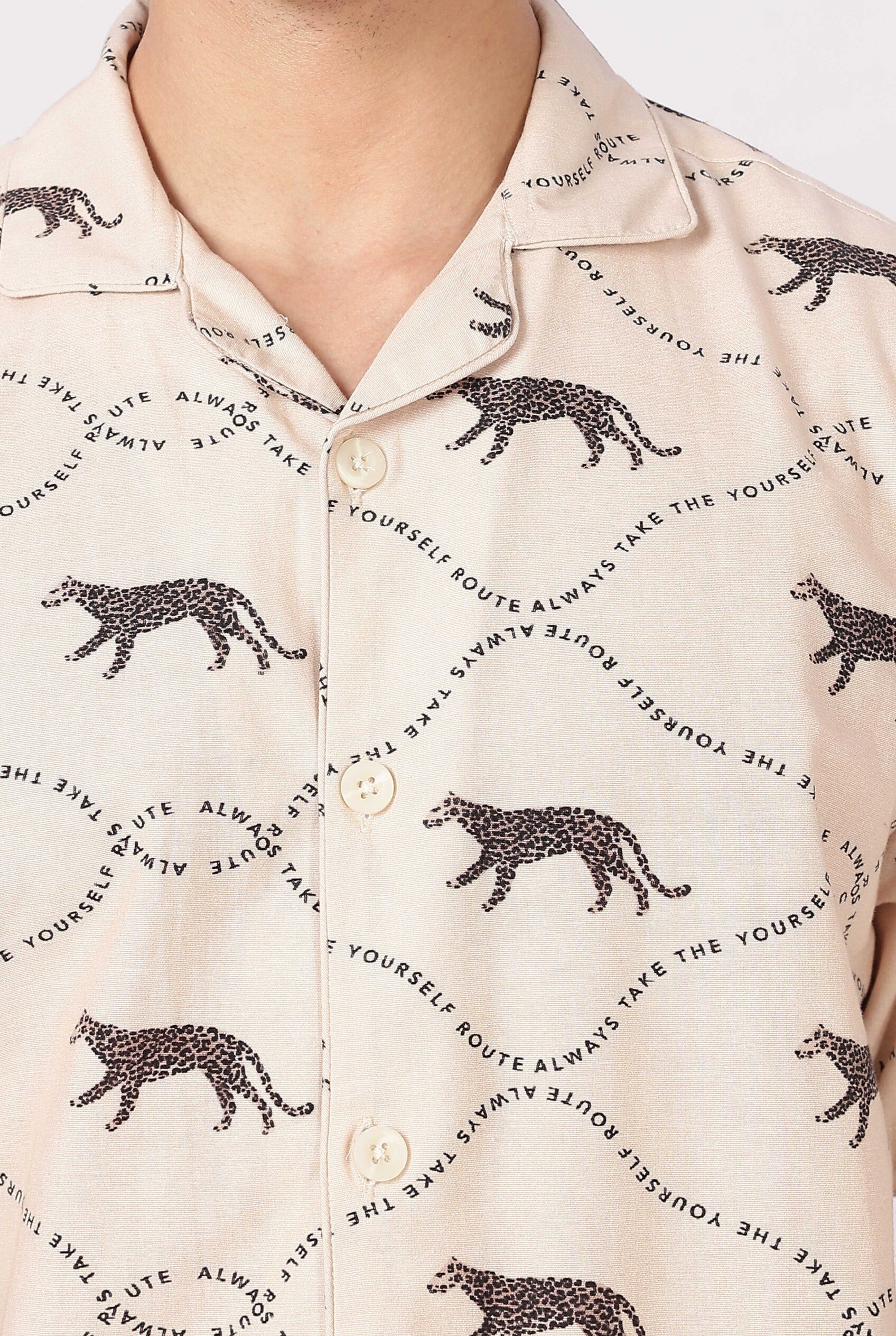 Savanna Stride 100% cotton Box Fit Beige Printed Shirt