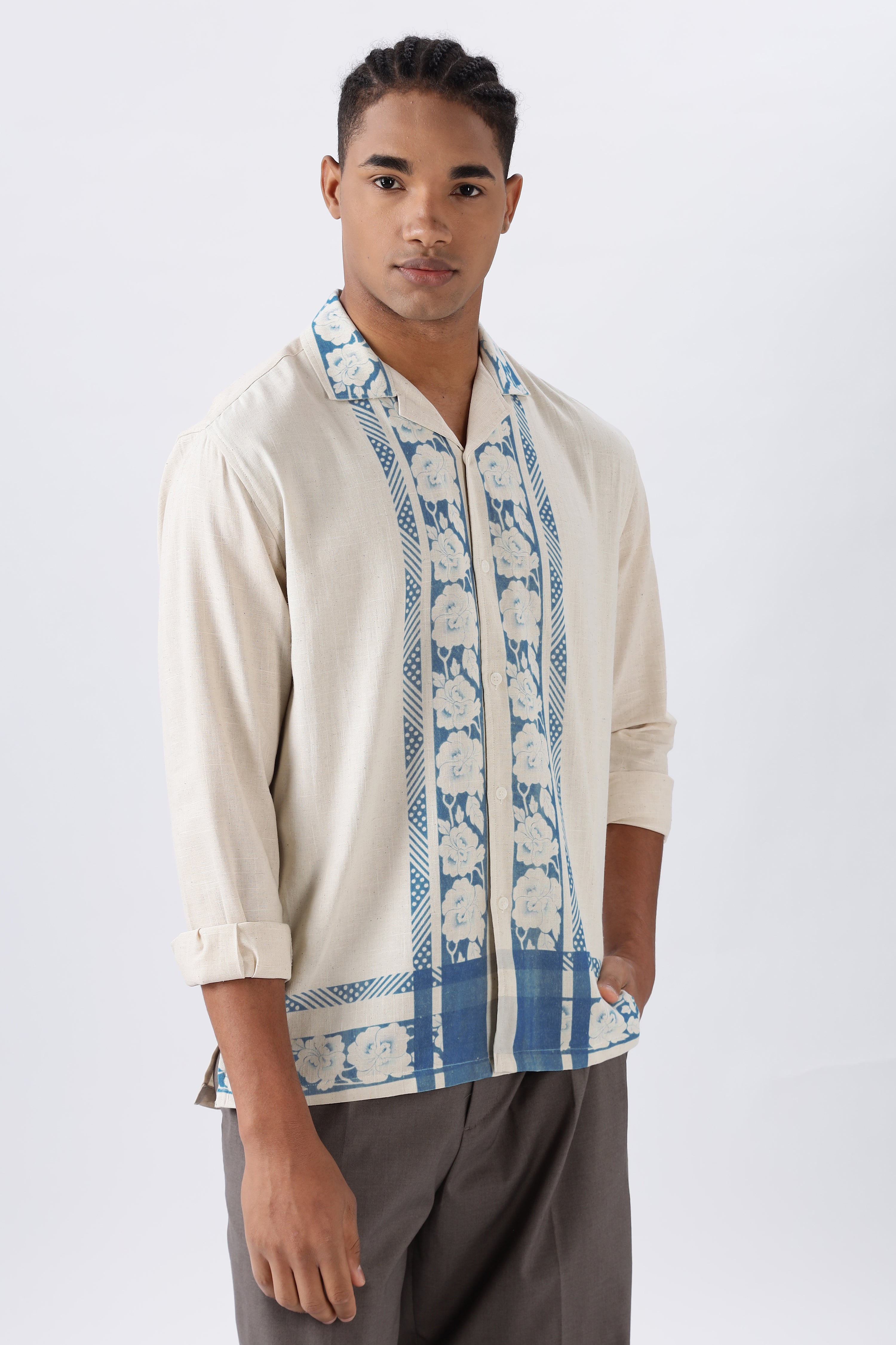 Bloom Summer Panel Cotton Box Fit Beige Shirt
