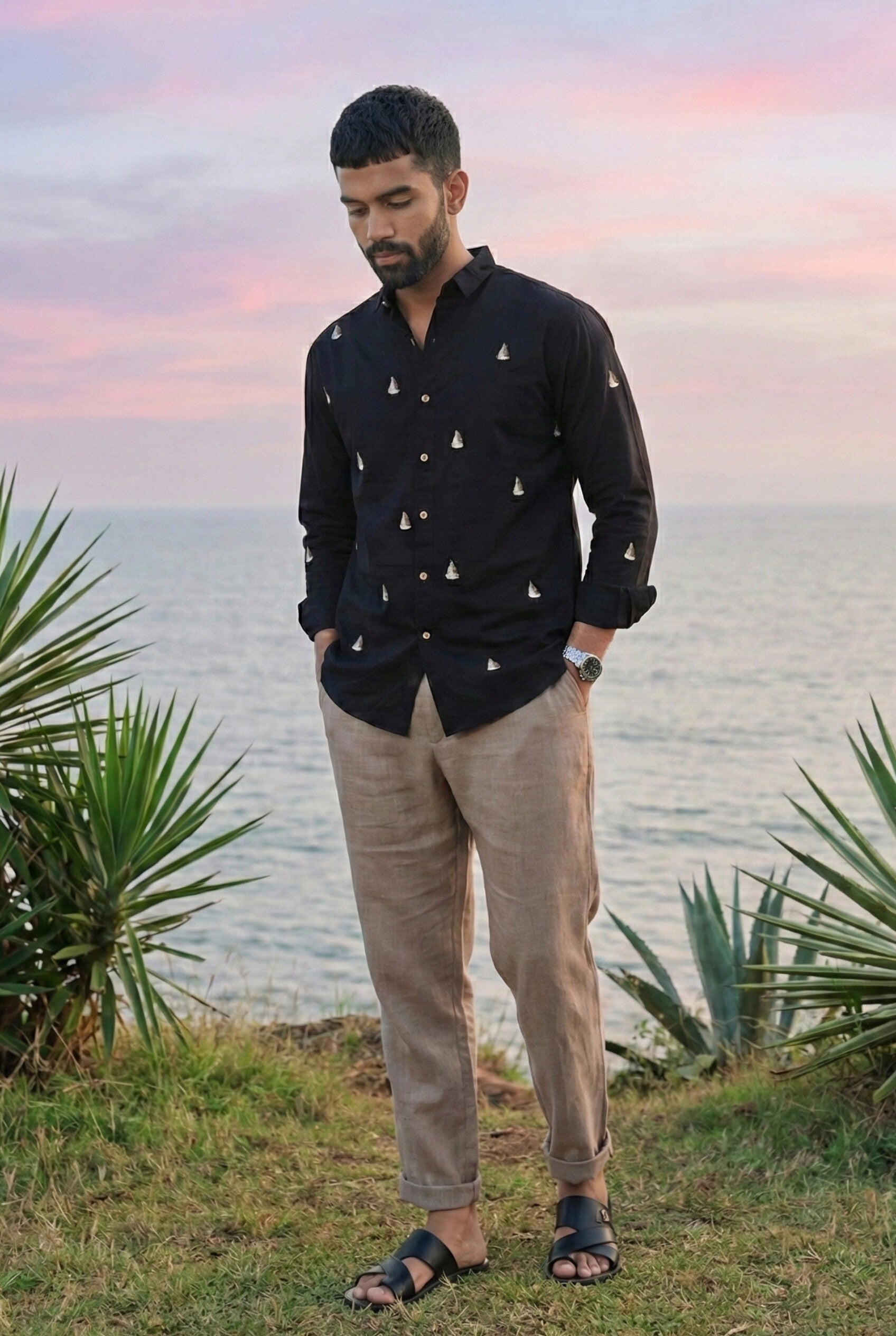 Midnight Sailboat Cotton Regular Fit Black Embroidered Shirt