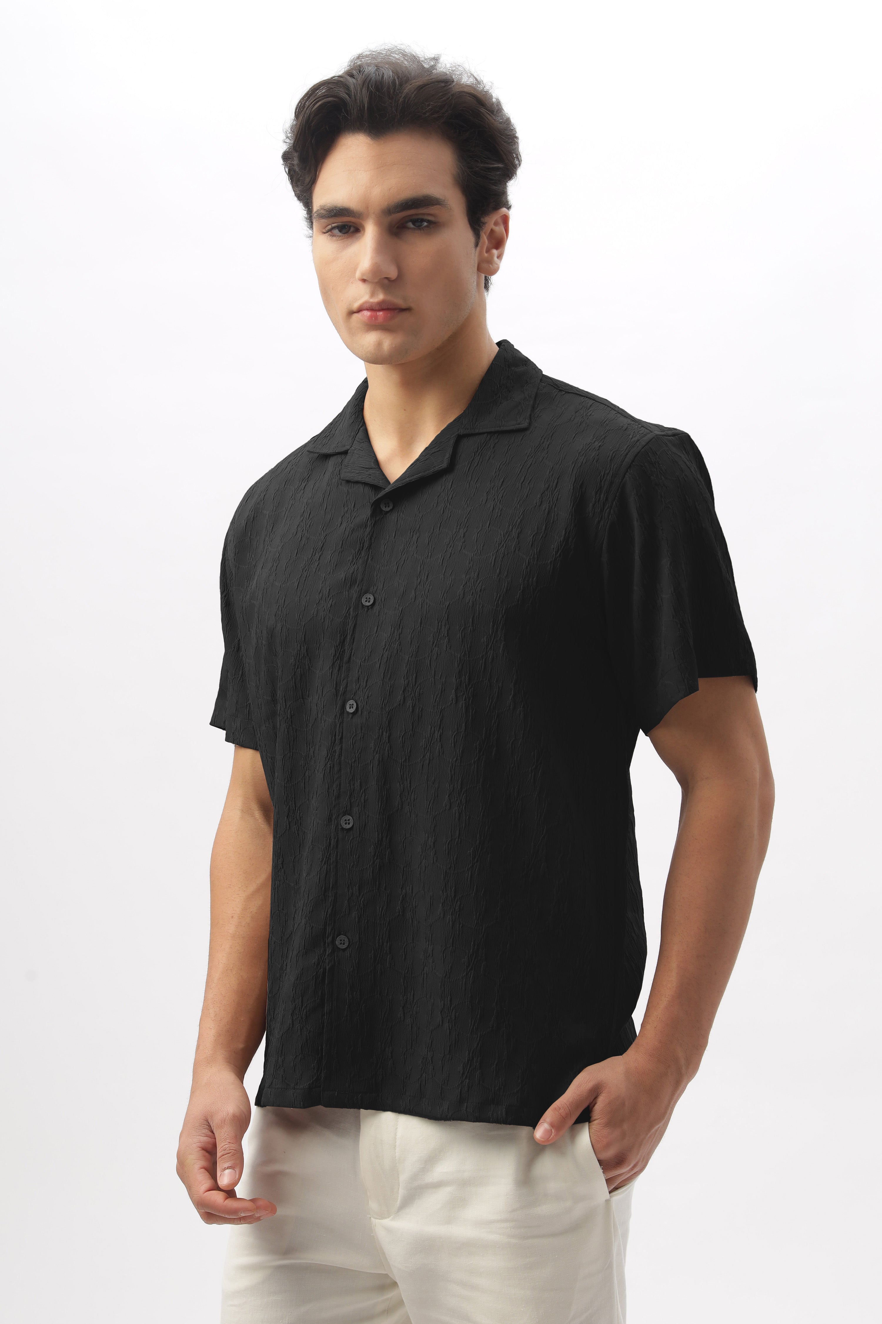 Gotham Black Textured Cuban Collar Shirt