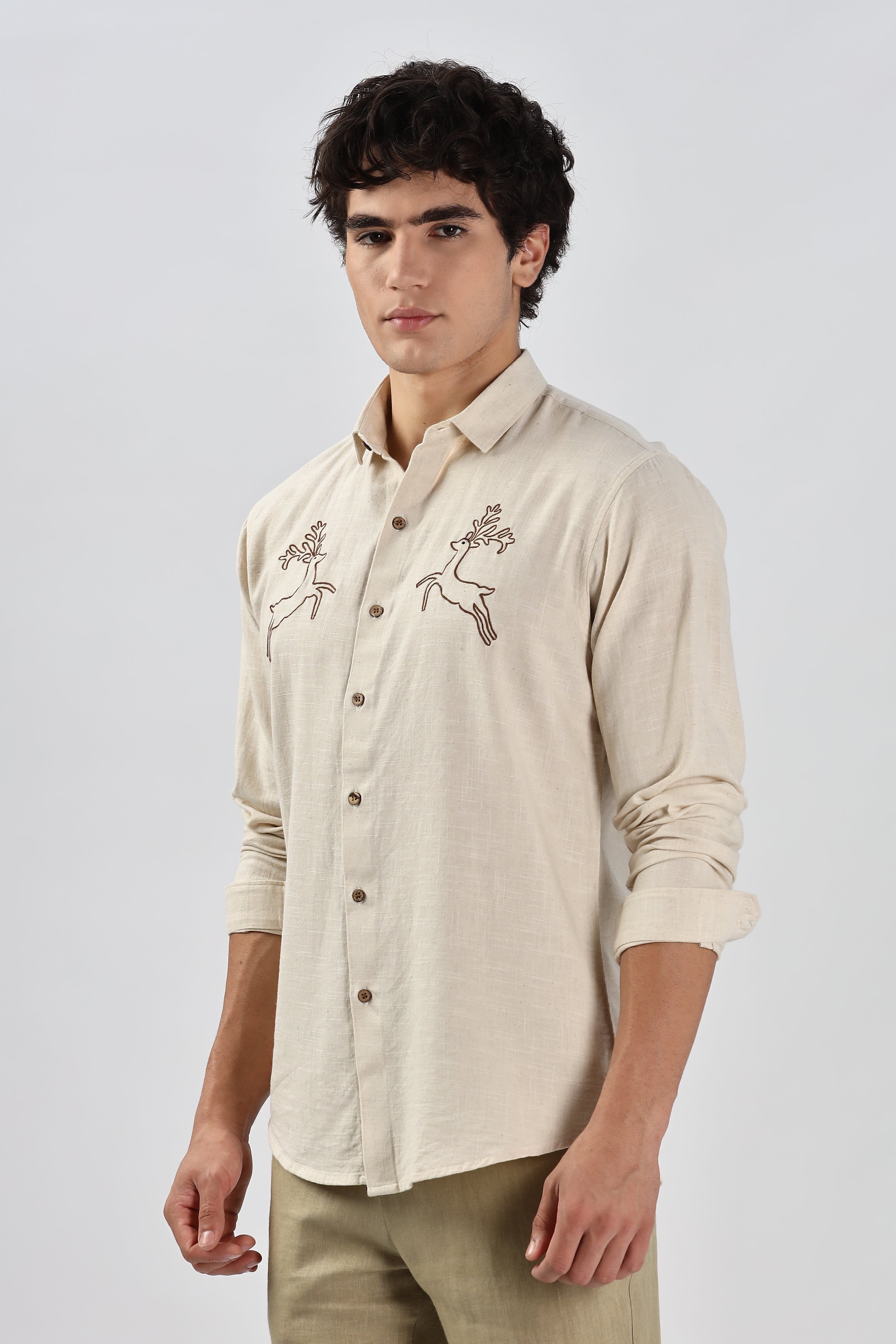 Hopping Pronghorn Beige Embroidery Shirt