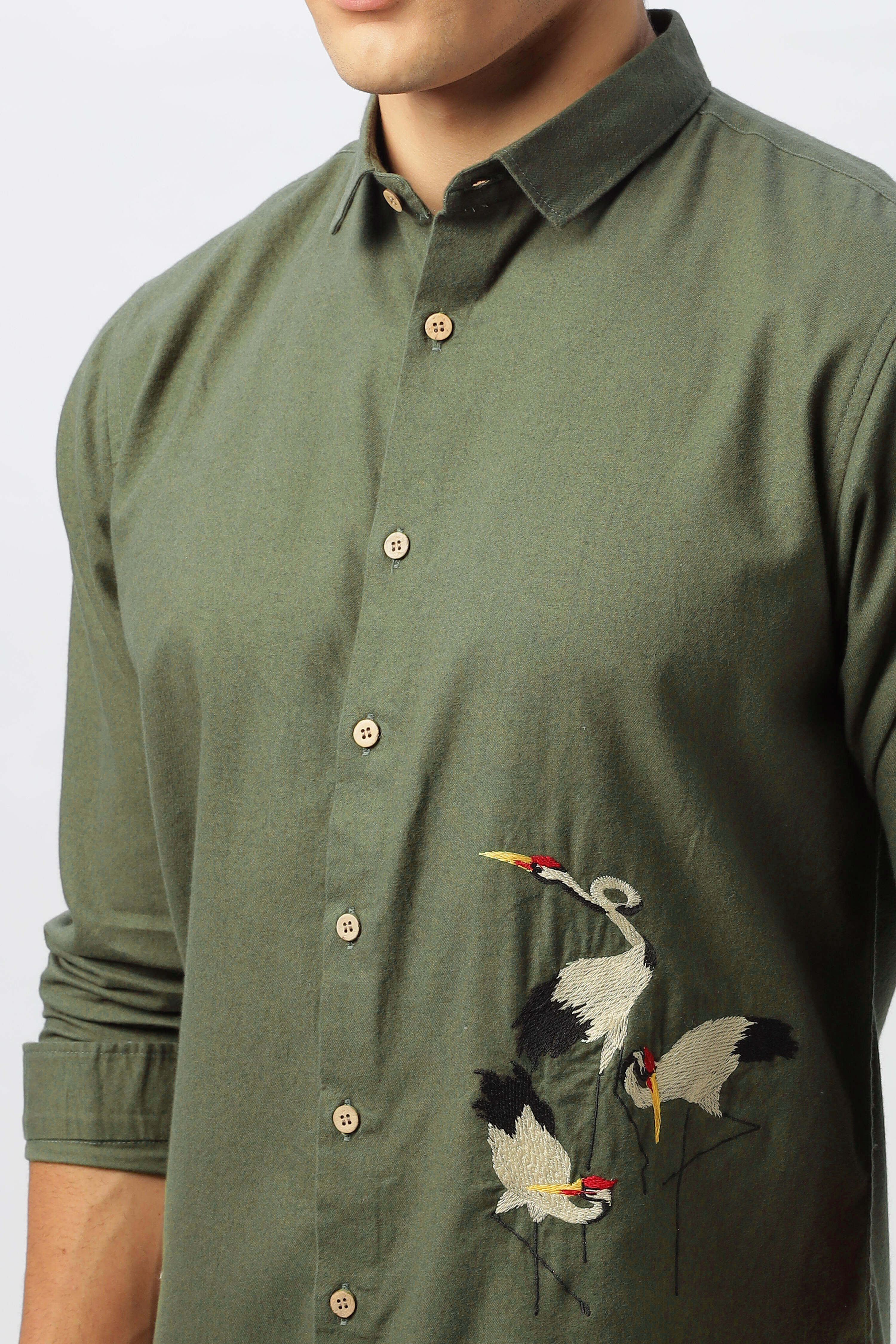 Istanbul Green Crane Embroidery Shirt