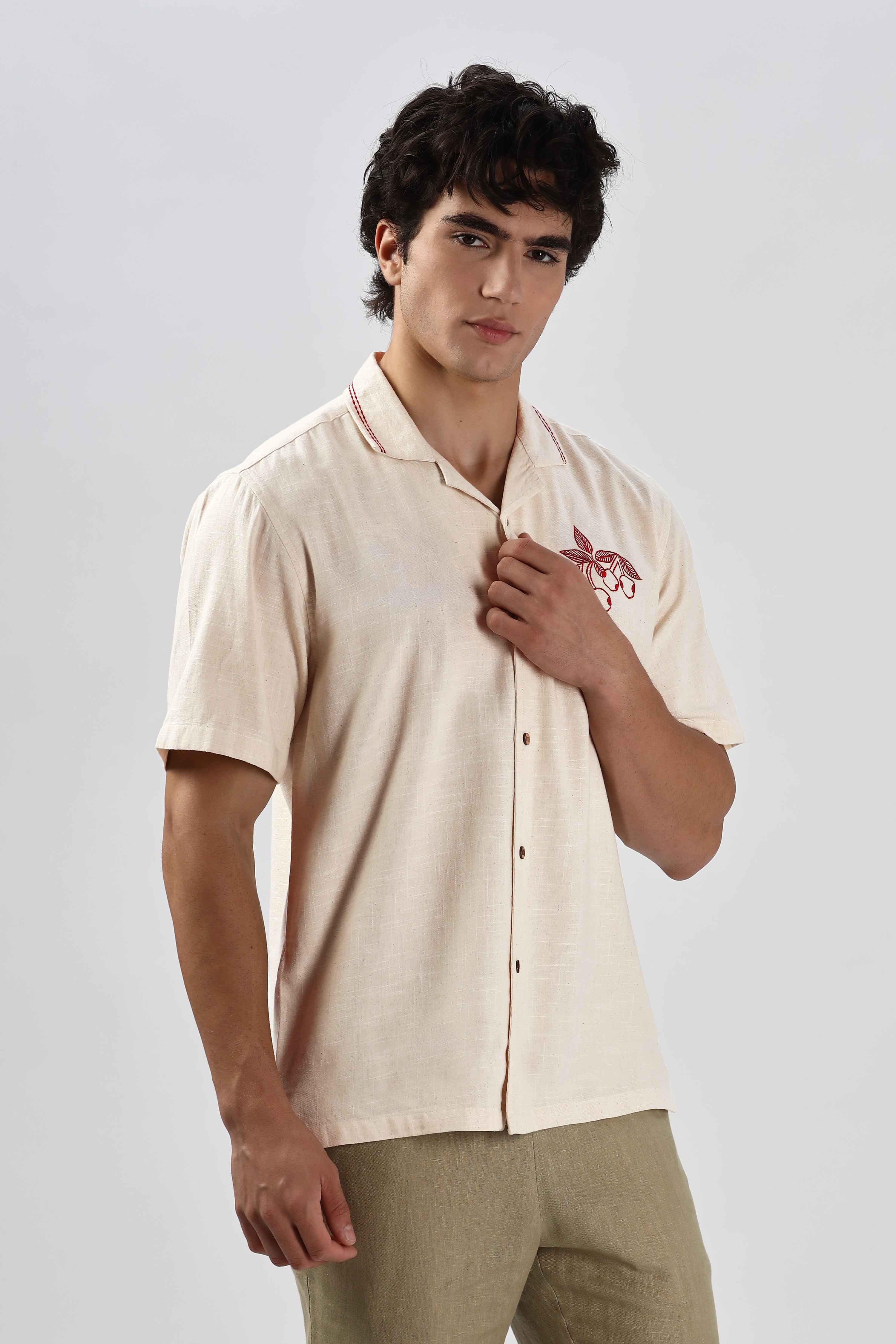 Cherry Cotton Box Fit Caribbean Beige Embroidery Shirt
