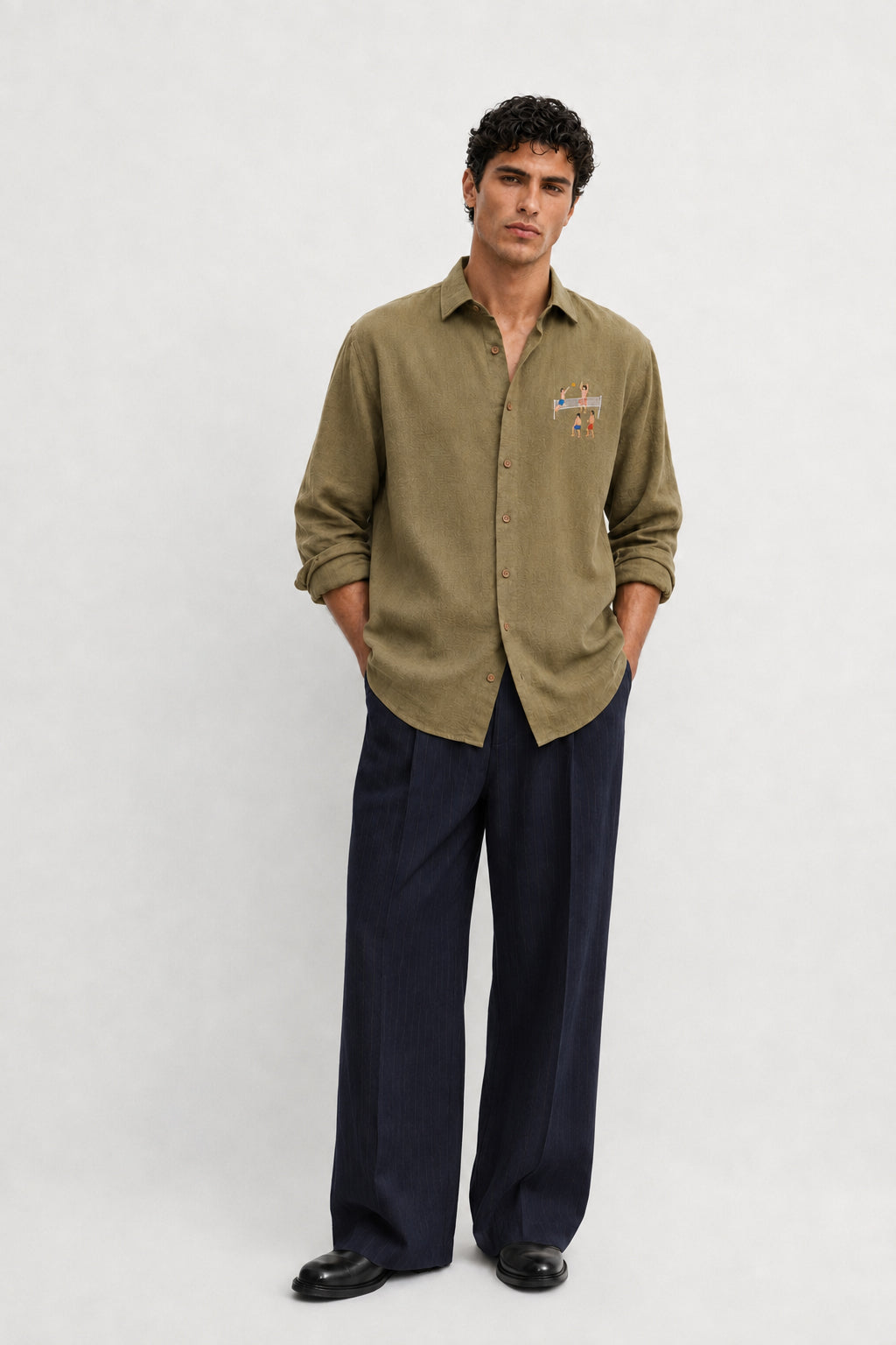 The Volleyball Cotton Regular Fit Olive Green Embroidered Shirt