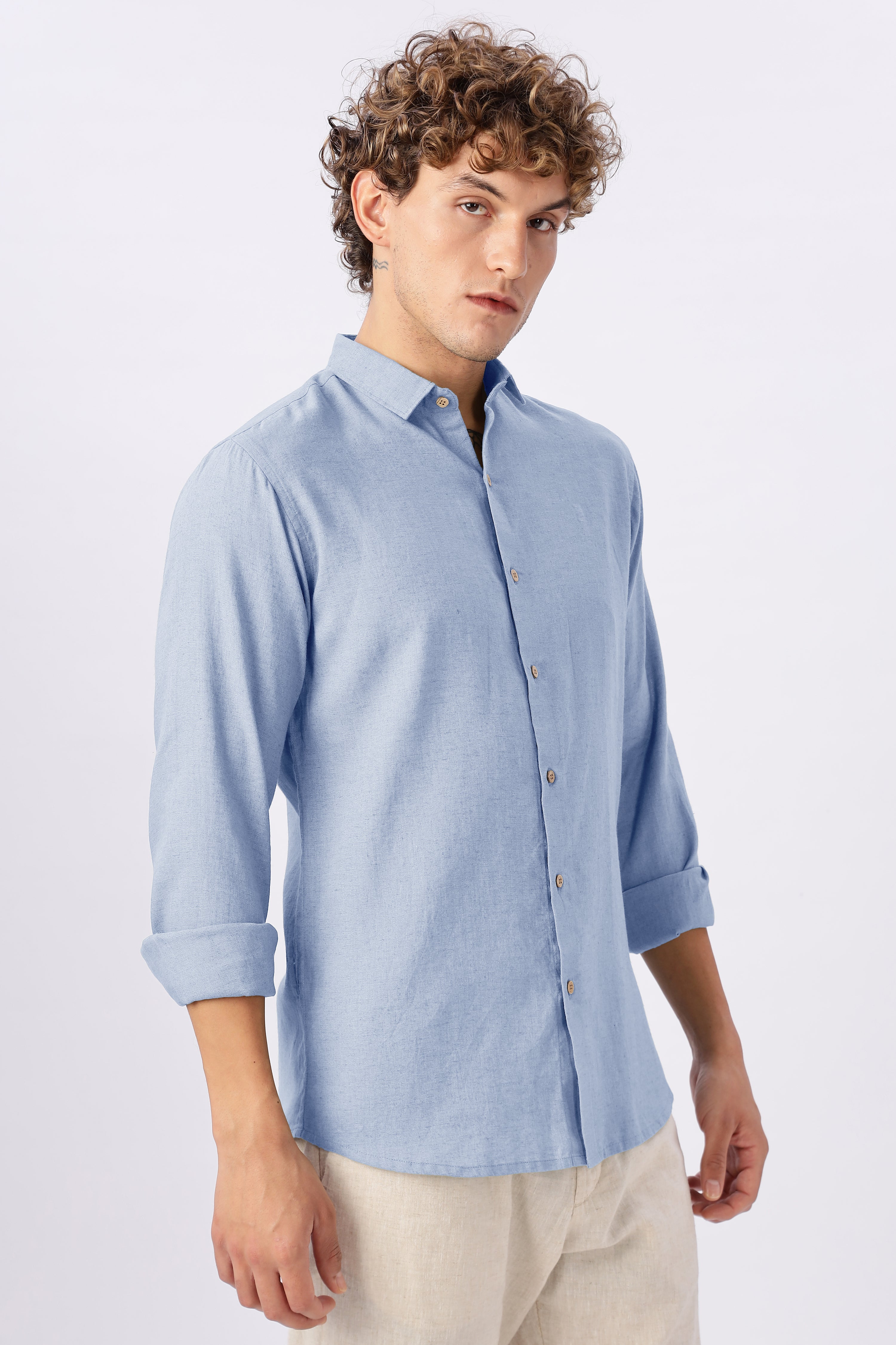 Skyline Calm 30% Linen Regular Fit Blue Shirt