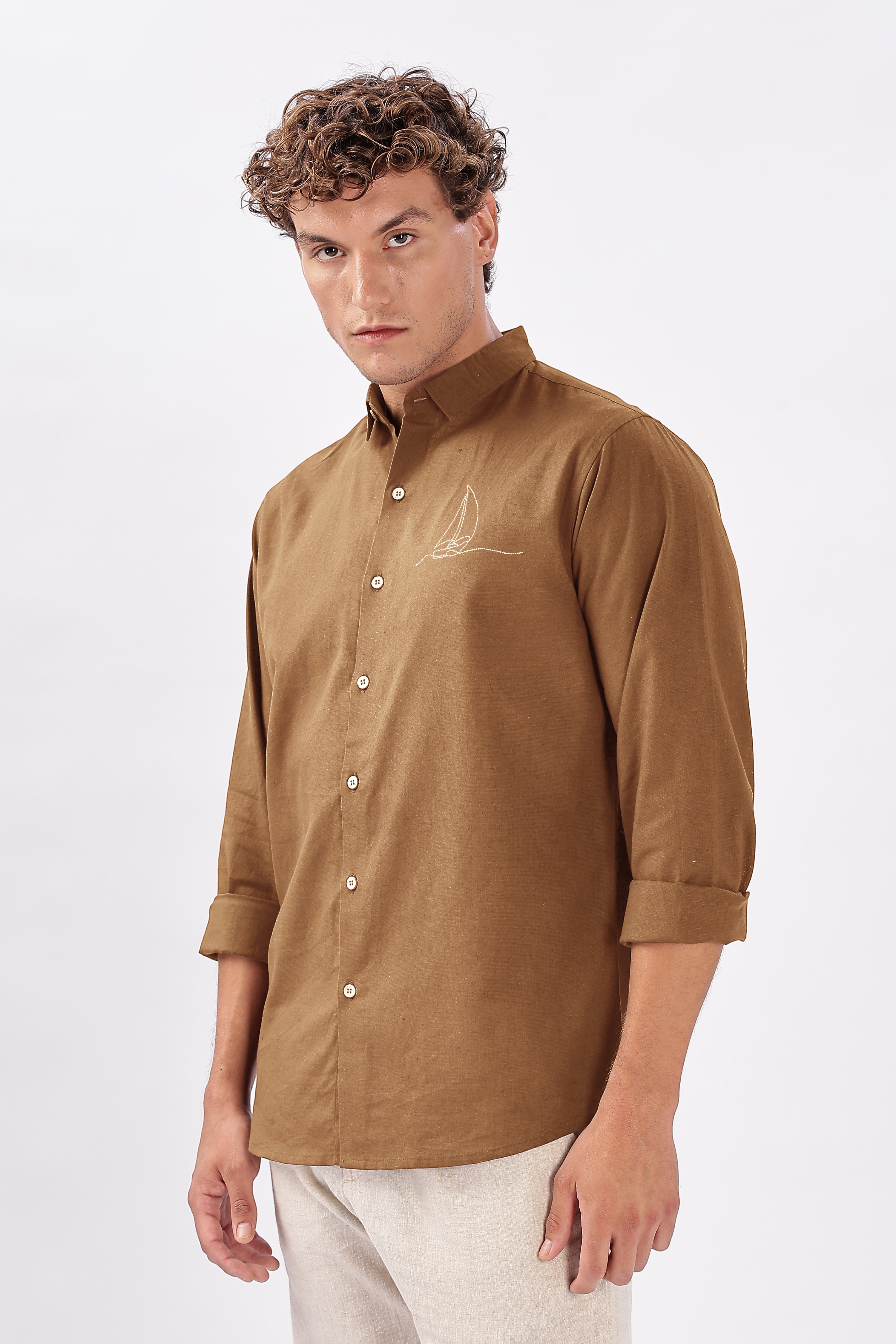 Baku Brown Cotton Box Fit Embroidery Shirt