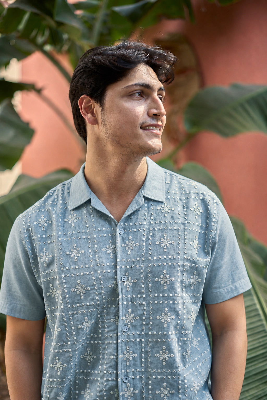 River Blue All Over Cotton Box Fit Blue Half Sleev Embroidered Shirt