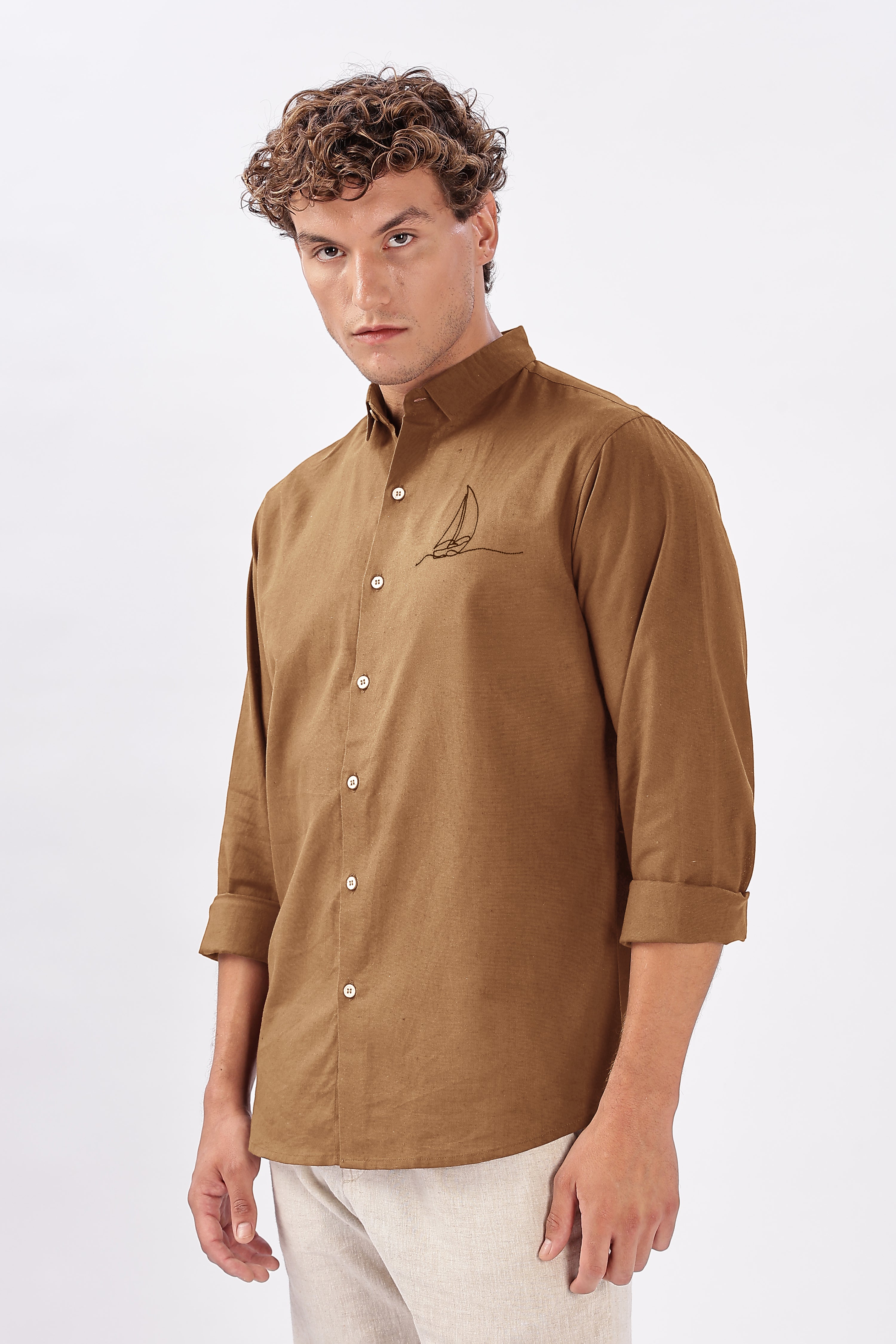 Harbor Drift Cotton Regular Fit Brown Embroidered Shirt