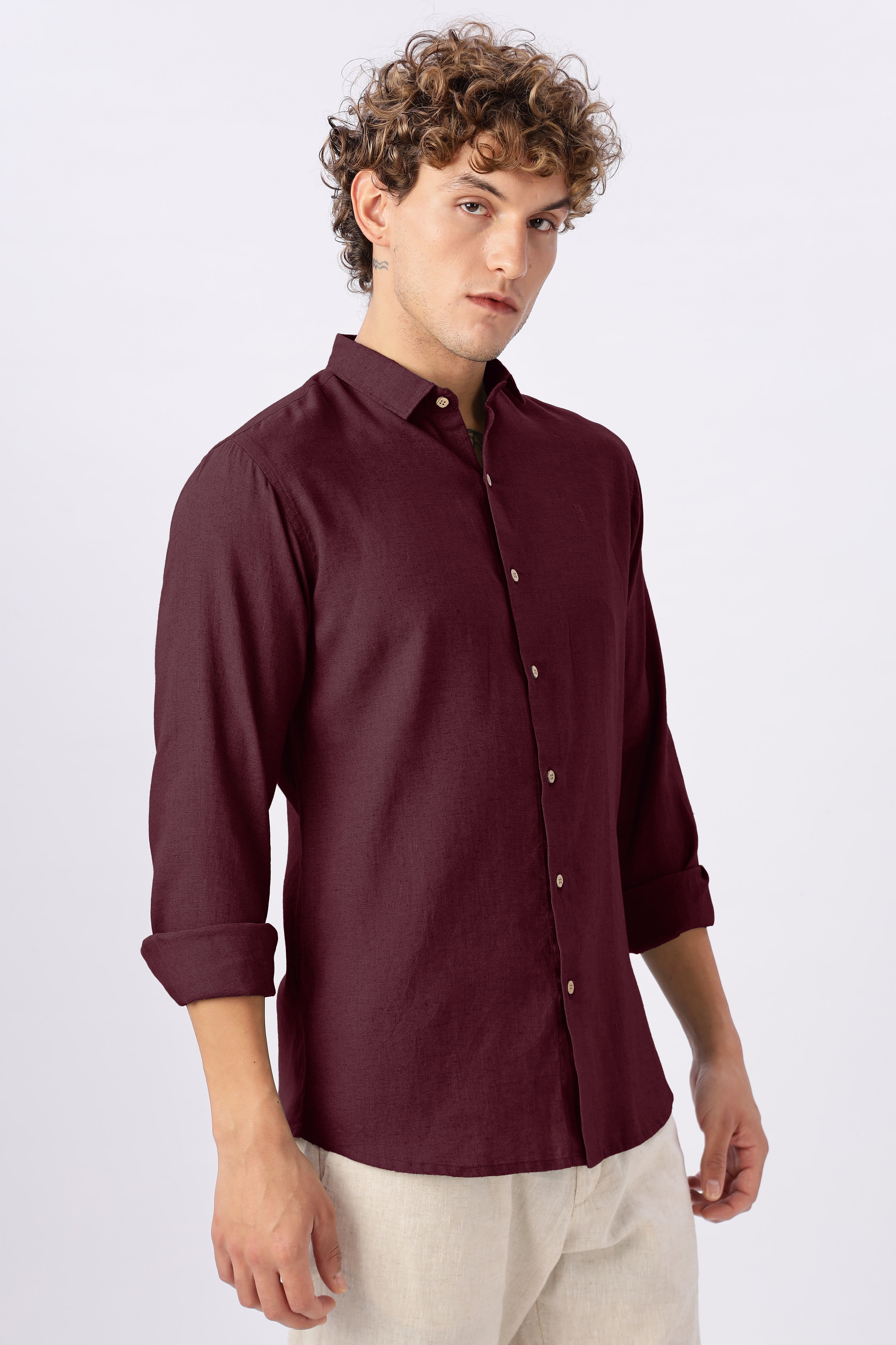 Classic Burgundy Linen Blend No Logo Regular Fit Maroon Shirt