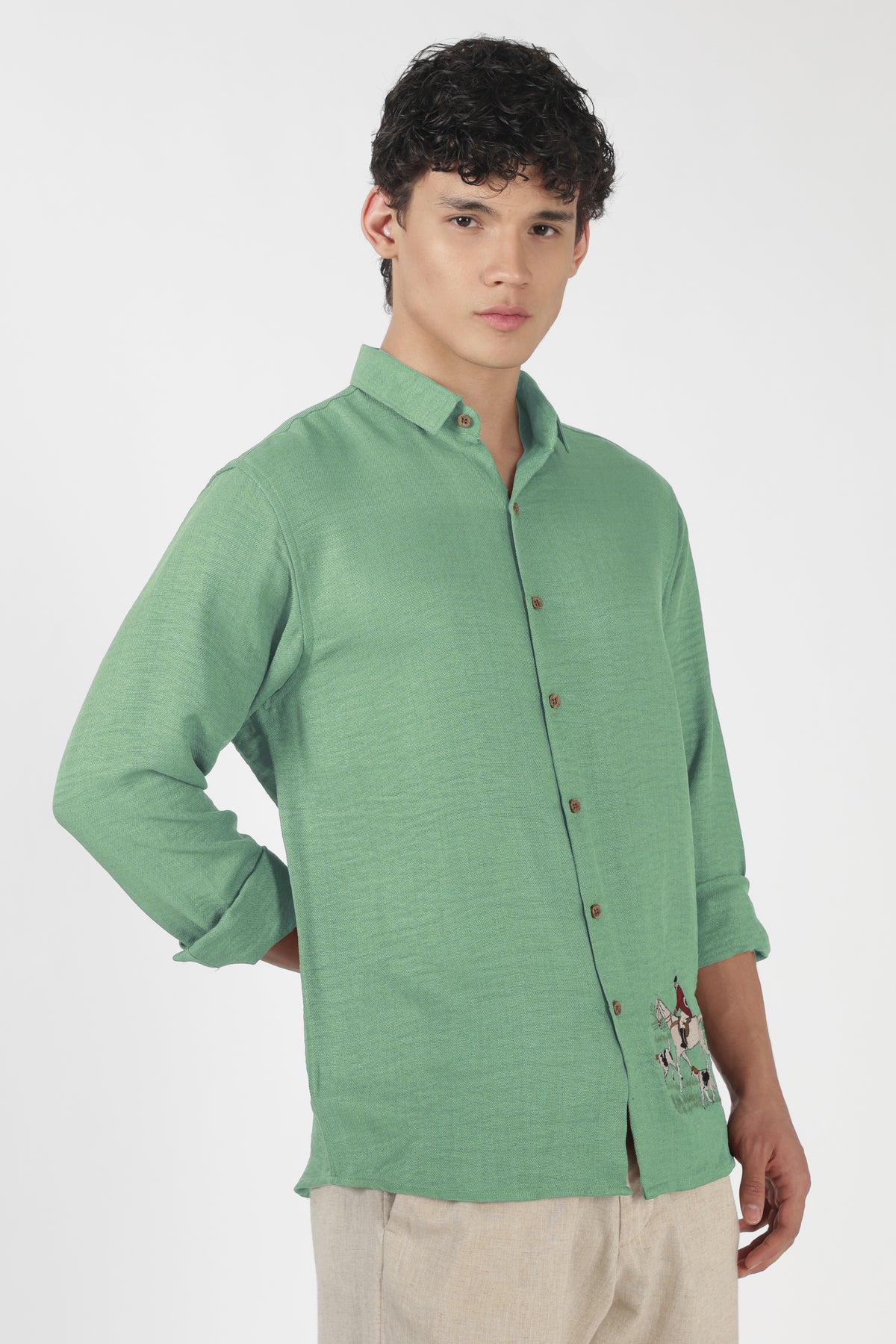 Saddle Equestrian Cotton Regular Fit Green Embroidered Shirt