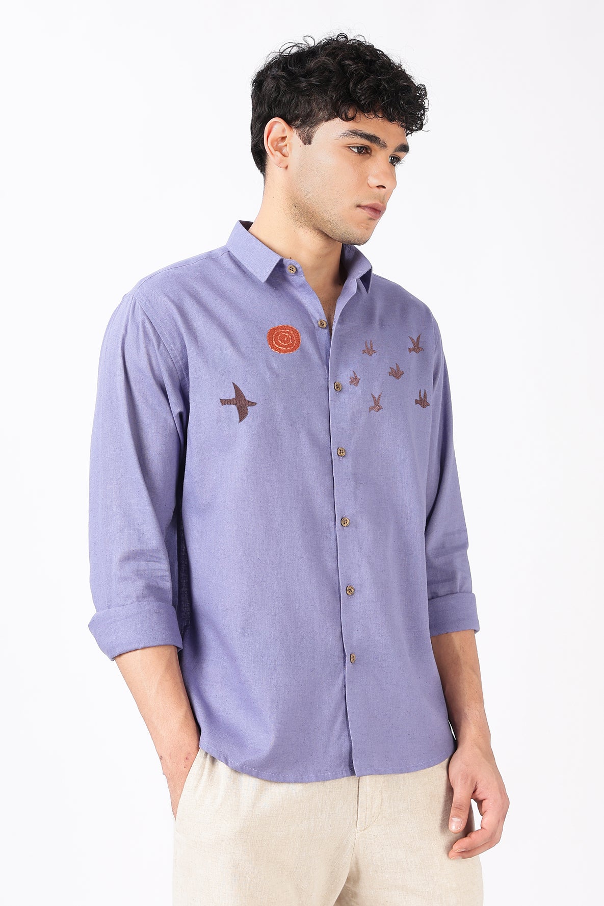 Sunflight Flock Cotton Regular Fit Lavender Embroidered Shirt